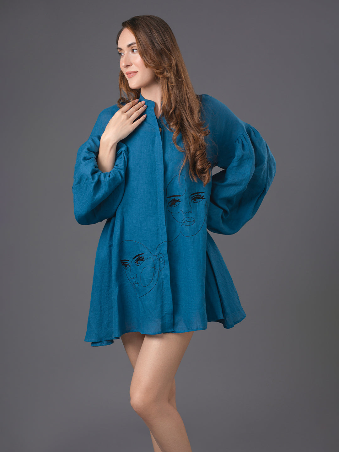 Faces Linen Shirt Dress-Dodgers Blue