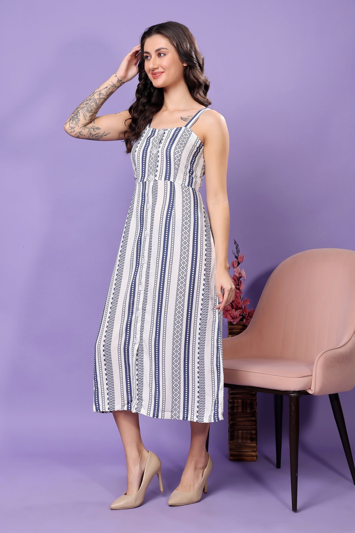 Women's Printed Cotton Midi Dress, Sleeveless, Striped Pattern