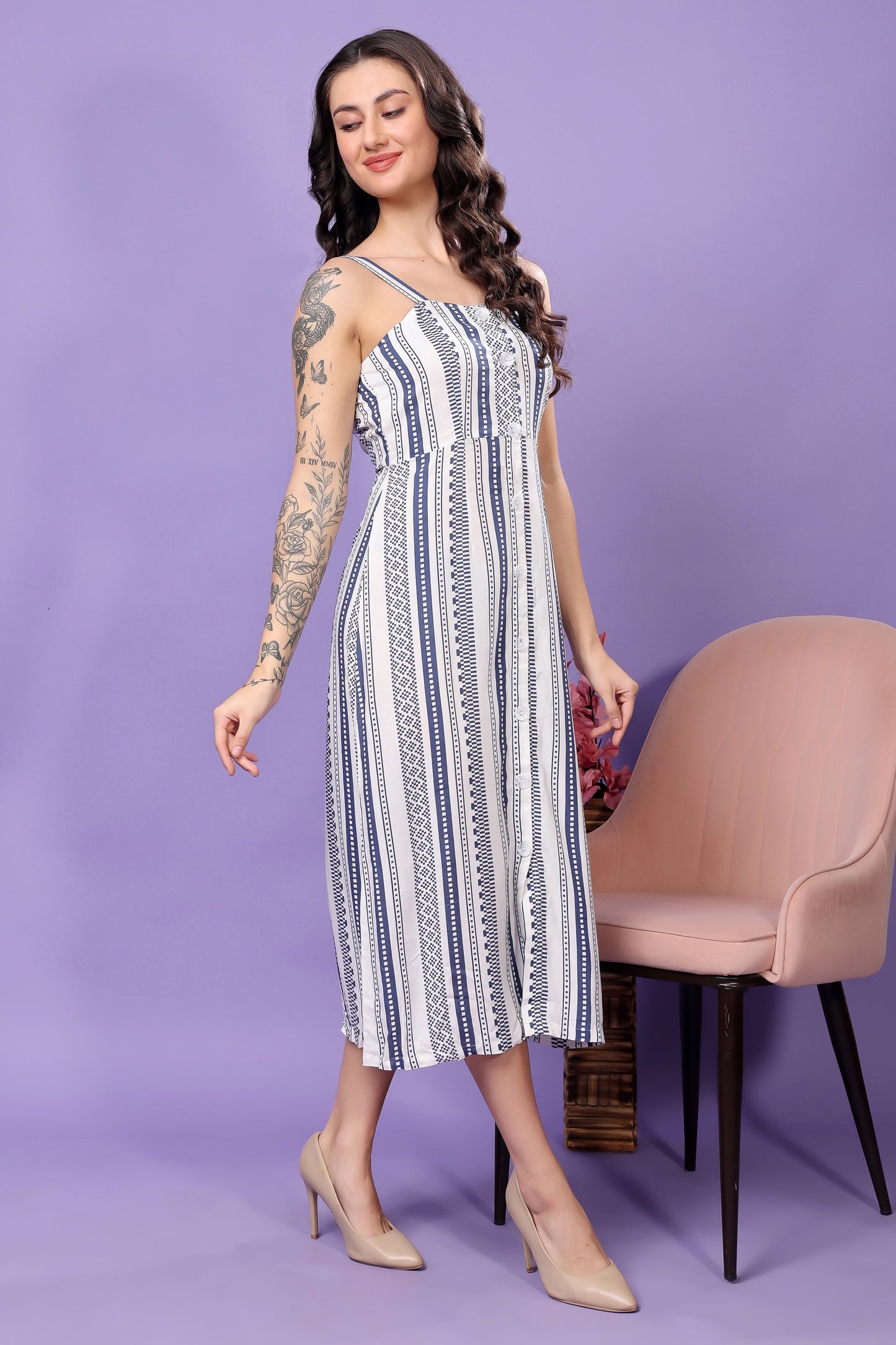 Women's Printed Cotton Midi Dress, Sleeveless, Striped Pattern
