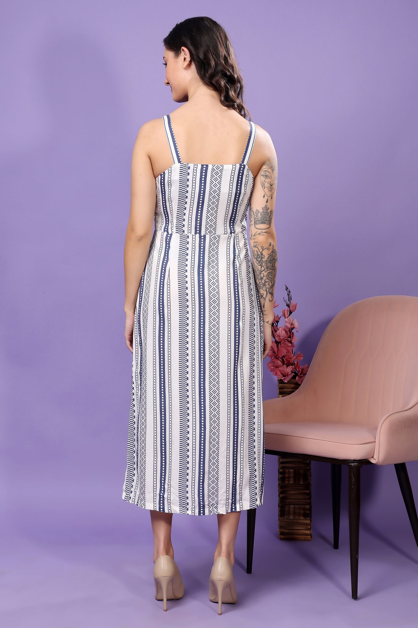 Women's Printed Cotton Midi Dress, Sleeveless, Striped Pattern