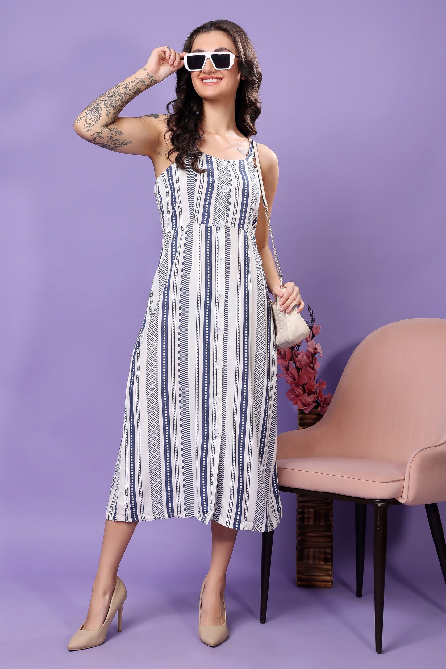 Women's Printed Cotton Midi Dress, Sleeveless, Striped Pattern