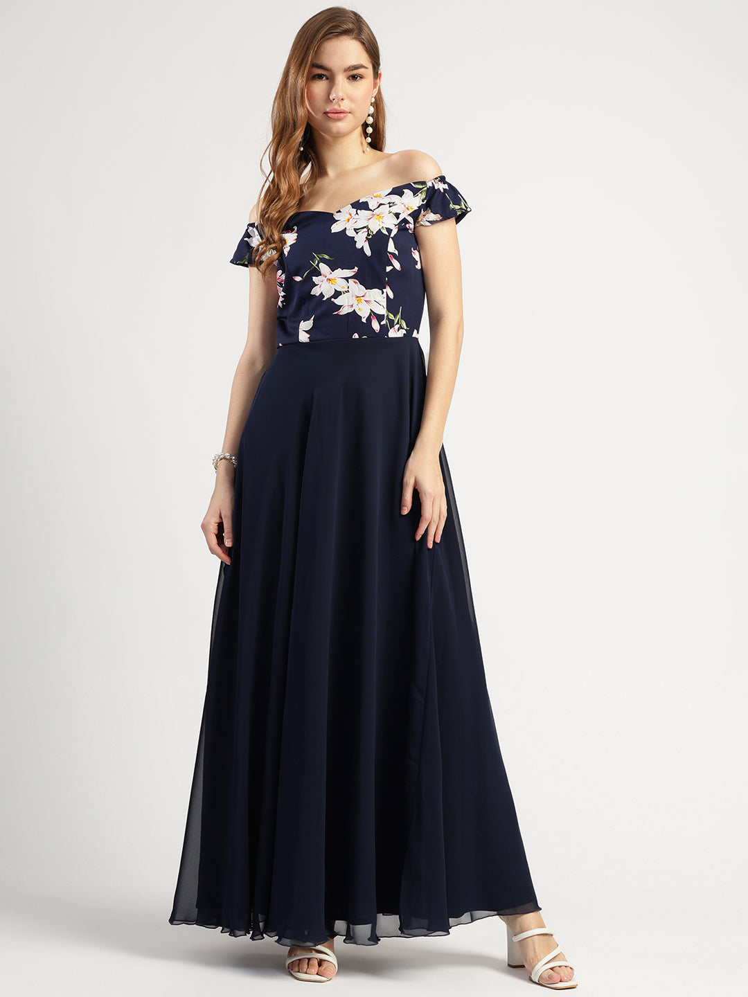 Navy Blue Floral Print Long Dress with Sweetheart Neck