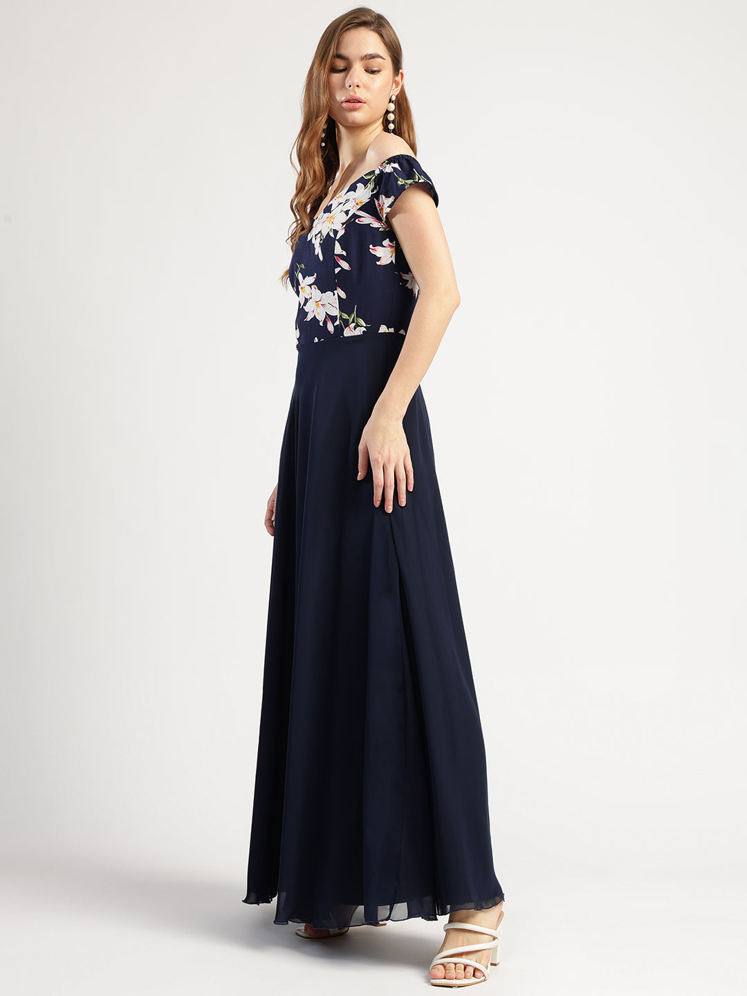 Navy Blue Floral Print Long Dress with Sweetheart Neck