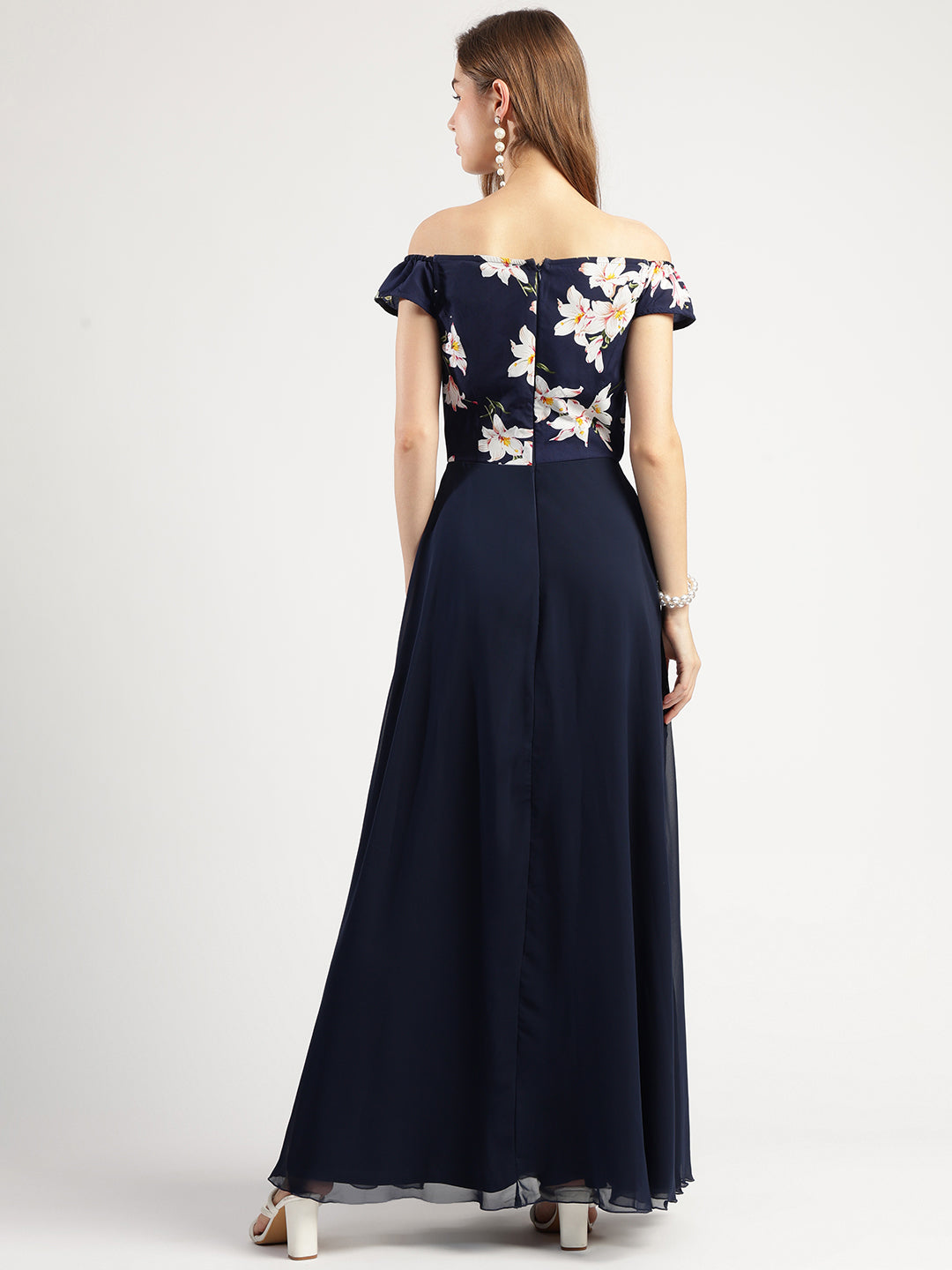 Navy Blue Floral Print Long Dress with Sweetheart Neck