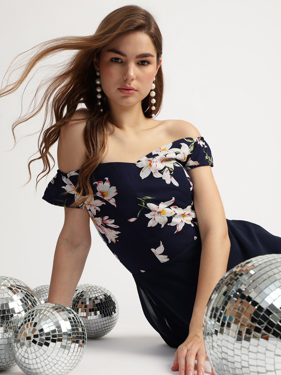 Navy Blue Floral Print Long Dress with Sweetheart Neck
