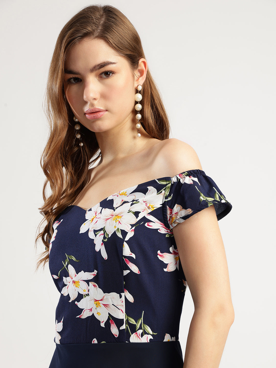 Navy Blue Floral Print Long Dress with Sweetheart Neck