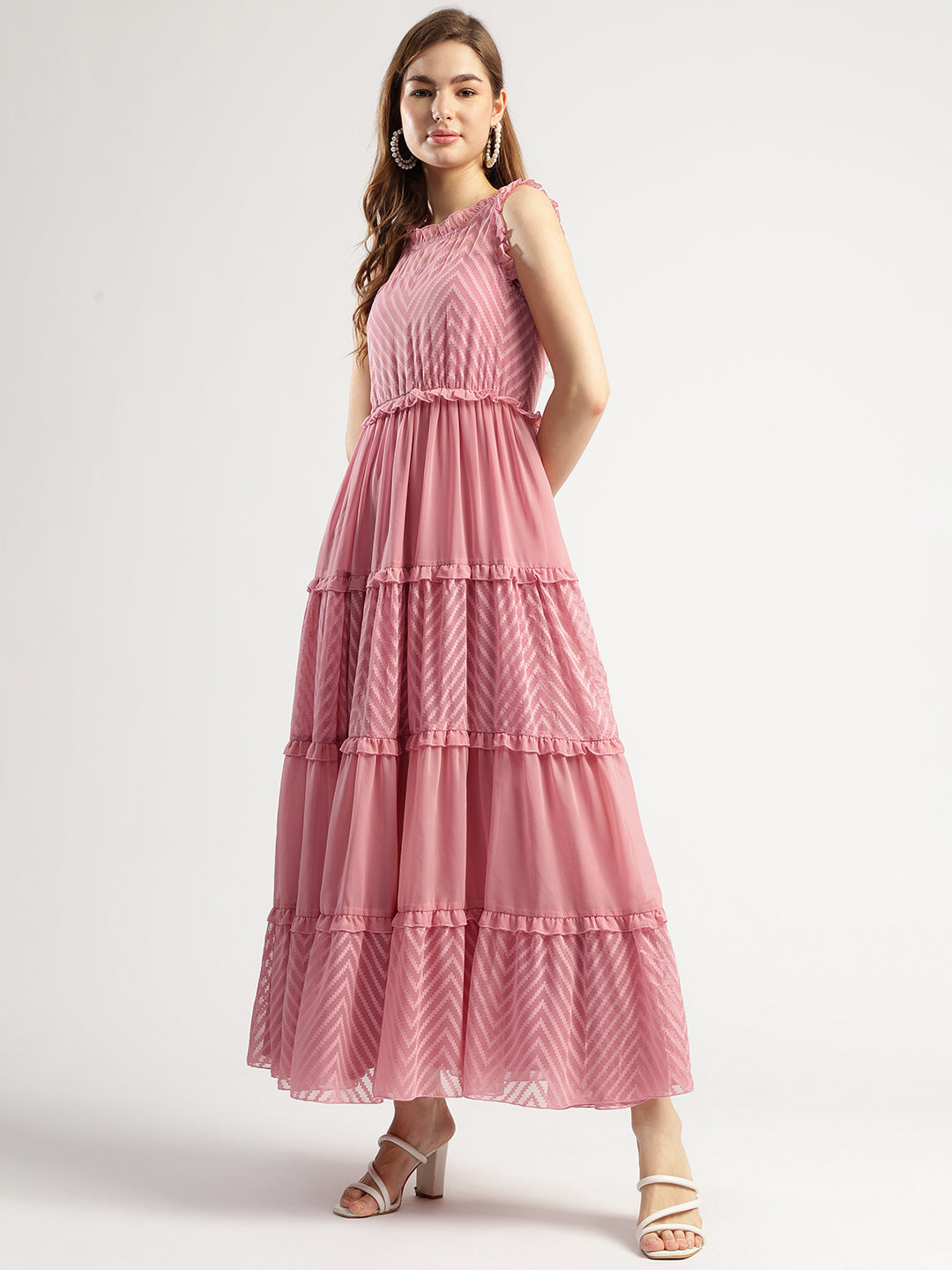 Women's Peach Tiered Long Dress with Chevron Pattern, Sleeveless