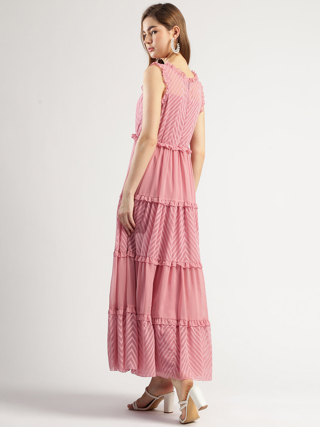 Women's Peach Tiered Long Dress with Chevron Pattern, Sleeveless