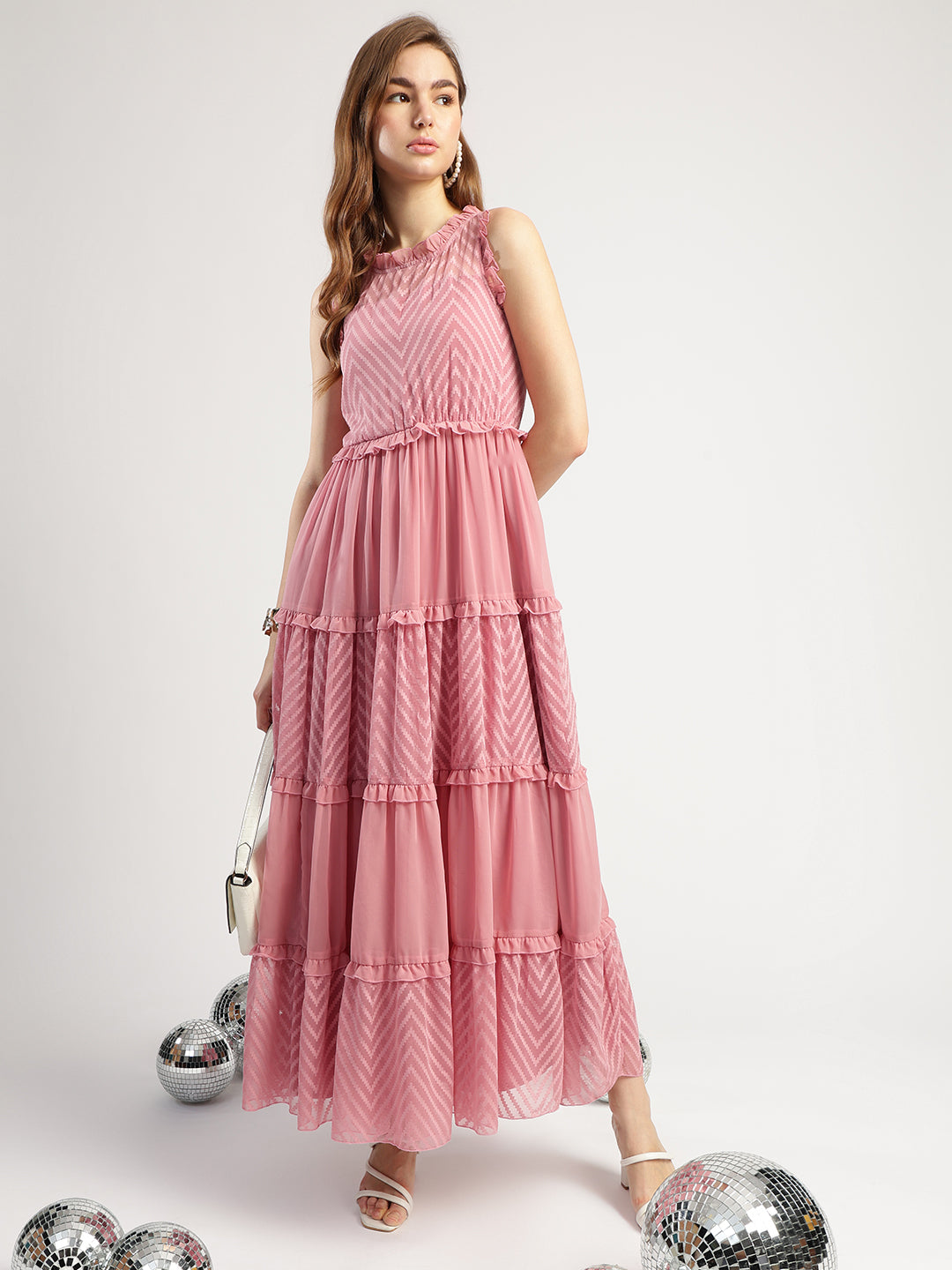 Women's Peach Tiered Long Dress with Chevron Pattern, Sleeveless