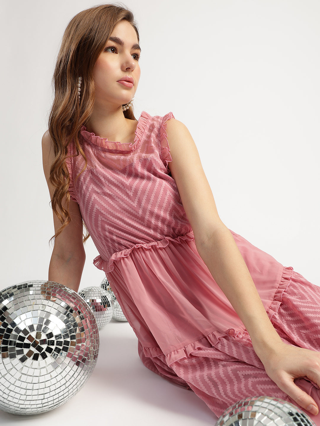Women's Peach Tiered Long Dress with Chevron Pattern, Sleeveless
