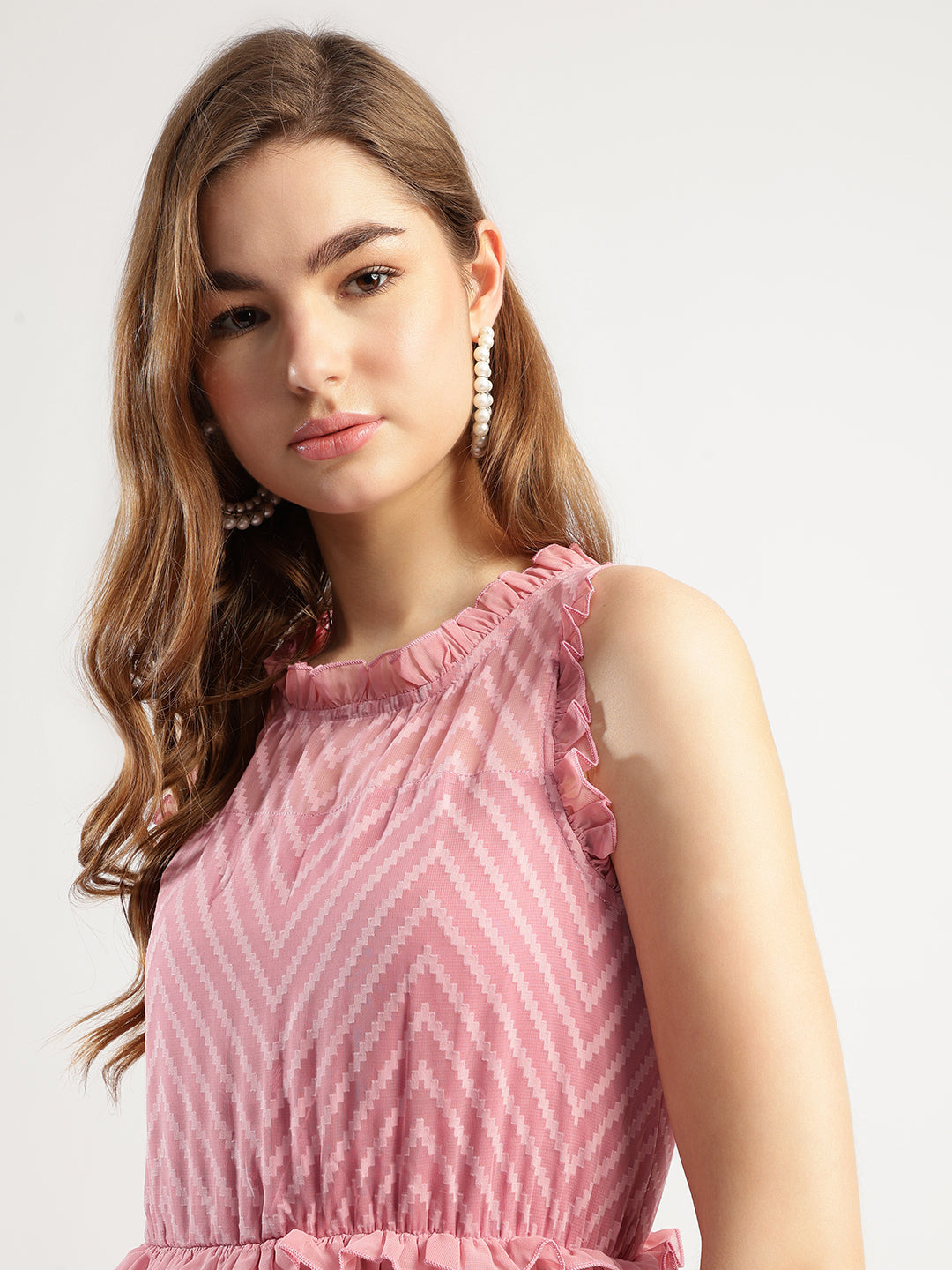 Women's Peach Tiered Long Dress with Chevron Pattern, Sleeveless