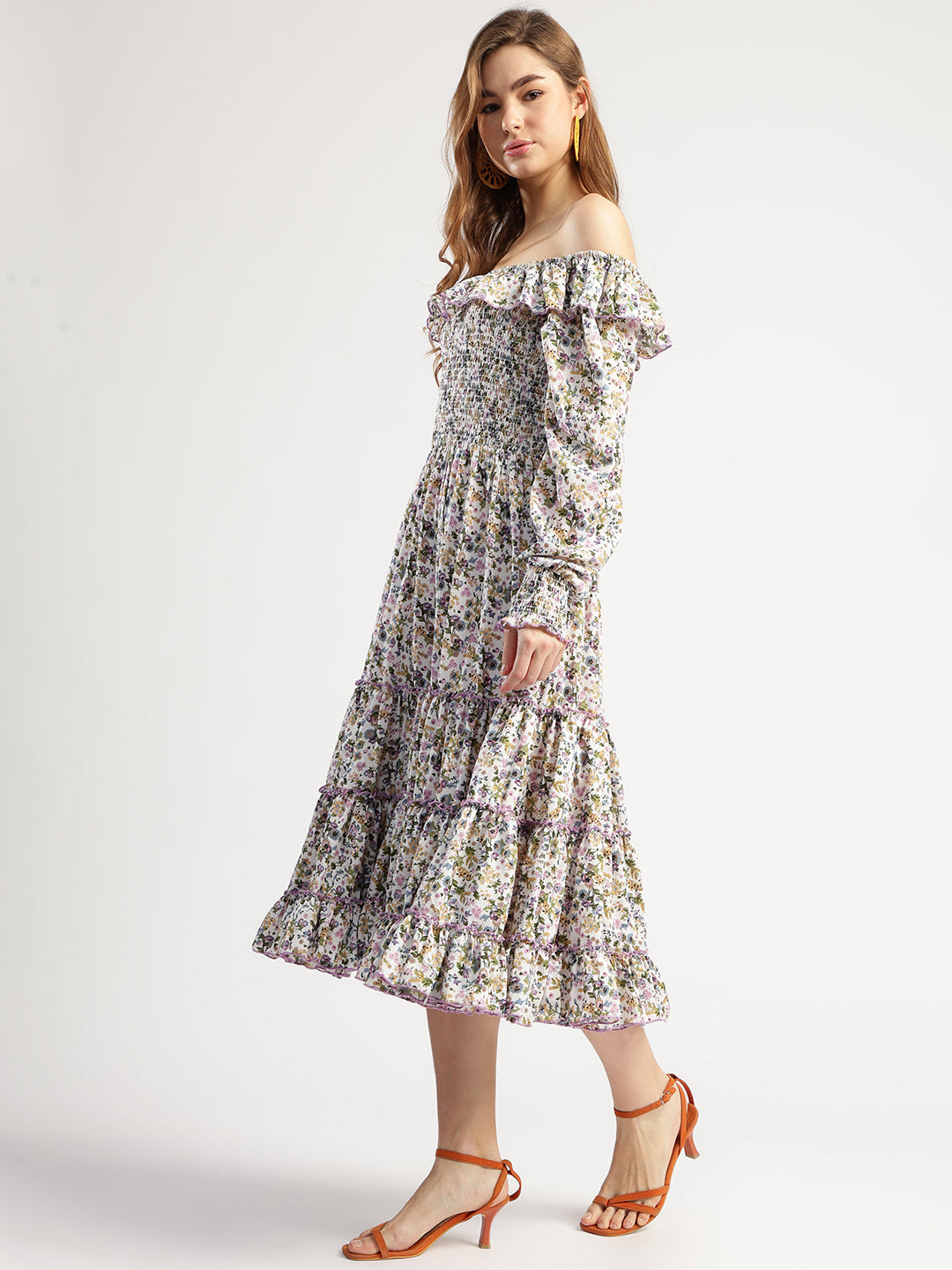 Off-Shoulder Floral Print Tiered Midi Dress, Multicolour