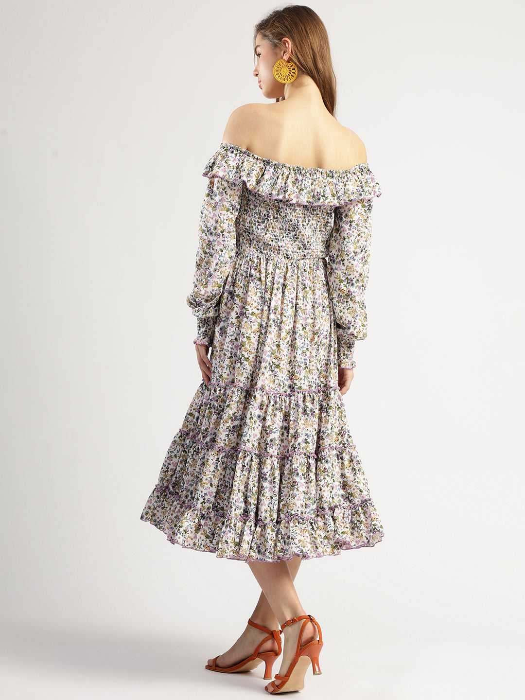Off-Shoulder Floral Print Tiered Midi Dress, Multicolour