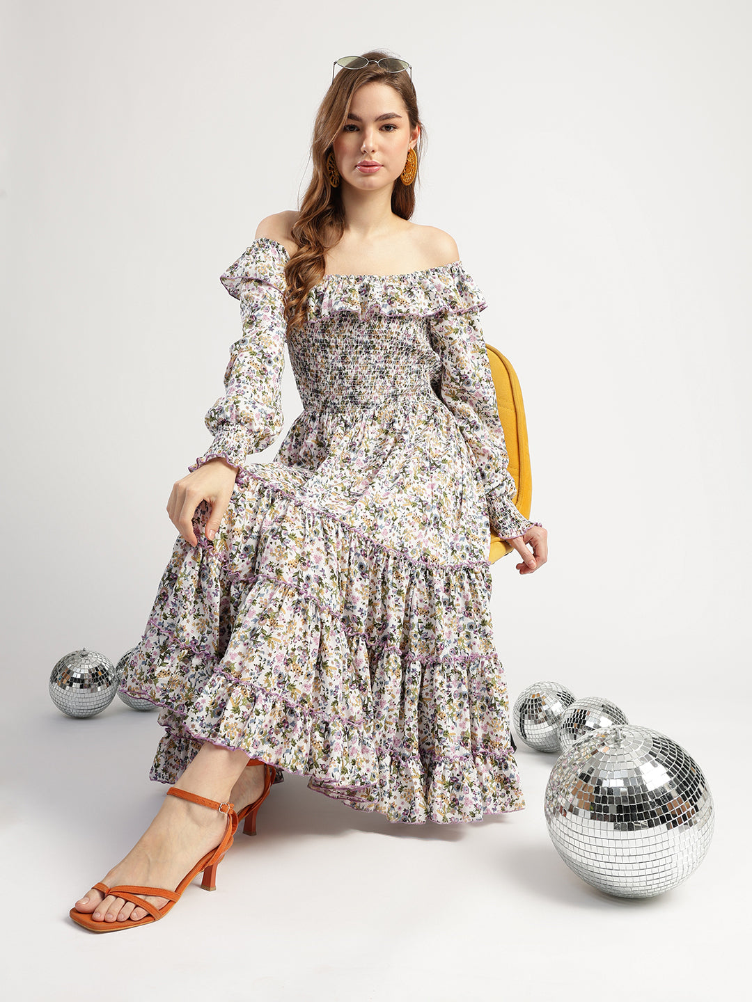 Off-Shoulder Floral Print Tiered Midi Dress, Multicolour