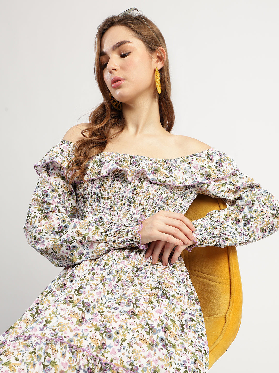 Off-Shoulder Floral Print Tiered Midi Dress, Multicolour