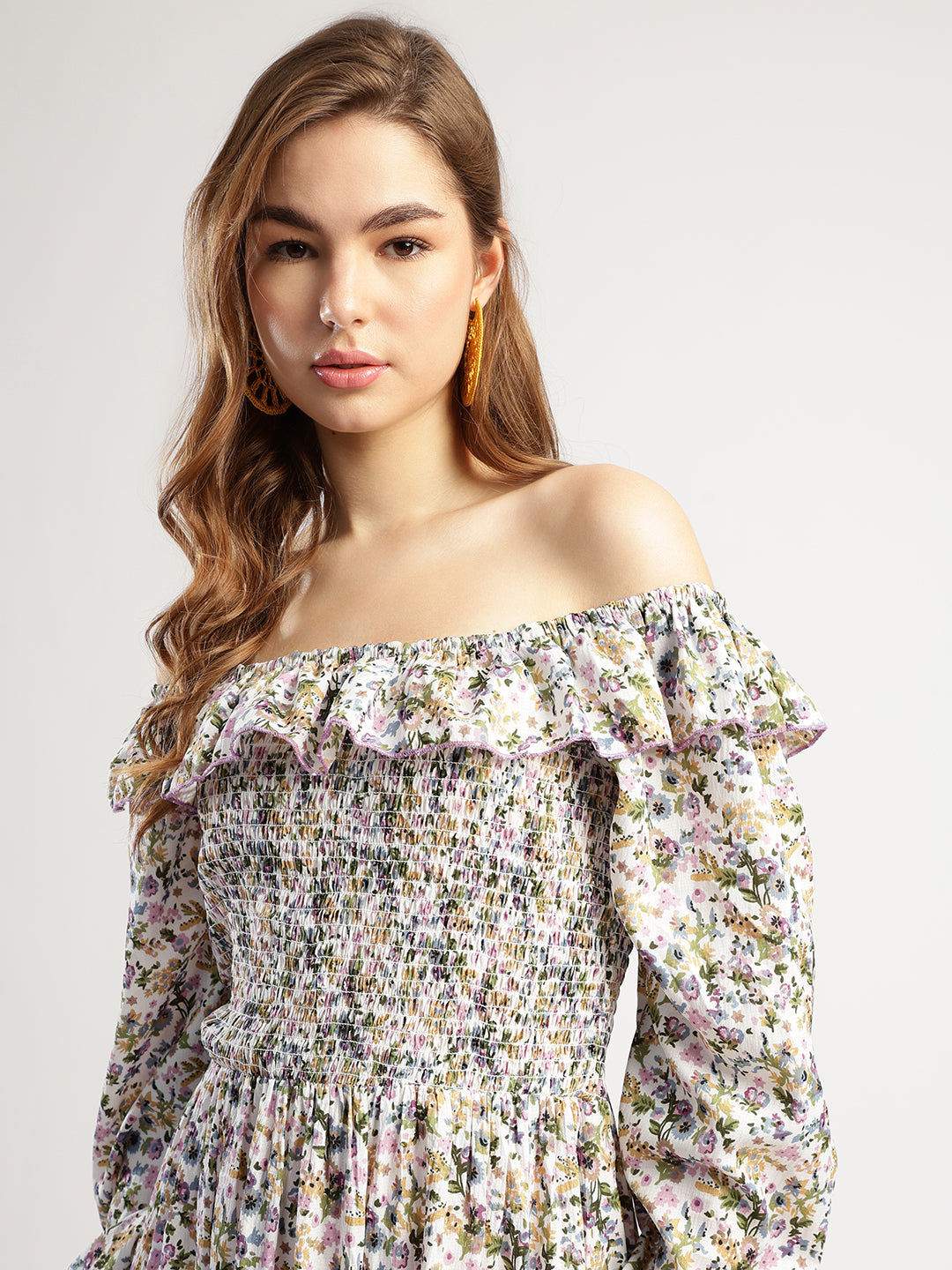 Off-Shoulder Floral Print Tiered Midi Dress, Multicolour
