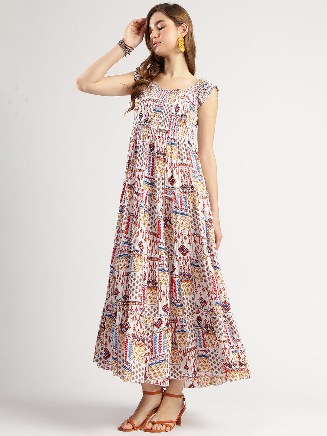 Boho Printed Sleeveless Maxi Dress for Women, Multicolour