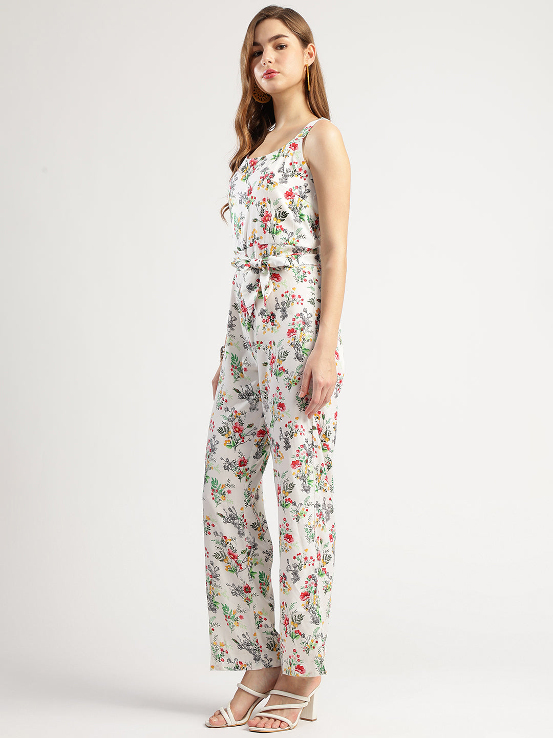 Women's Floral Print Sleeveless Jumpsuit with Belt, White