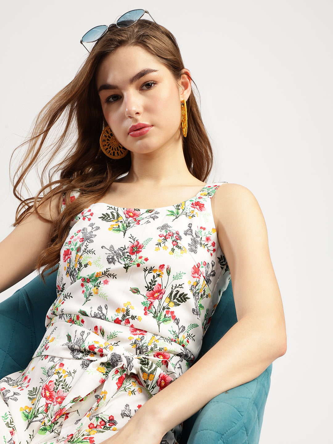 Women's Floral Print Sleeveless Jumpsuit with Belt, White