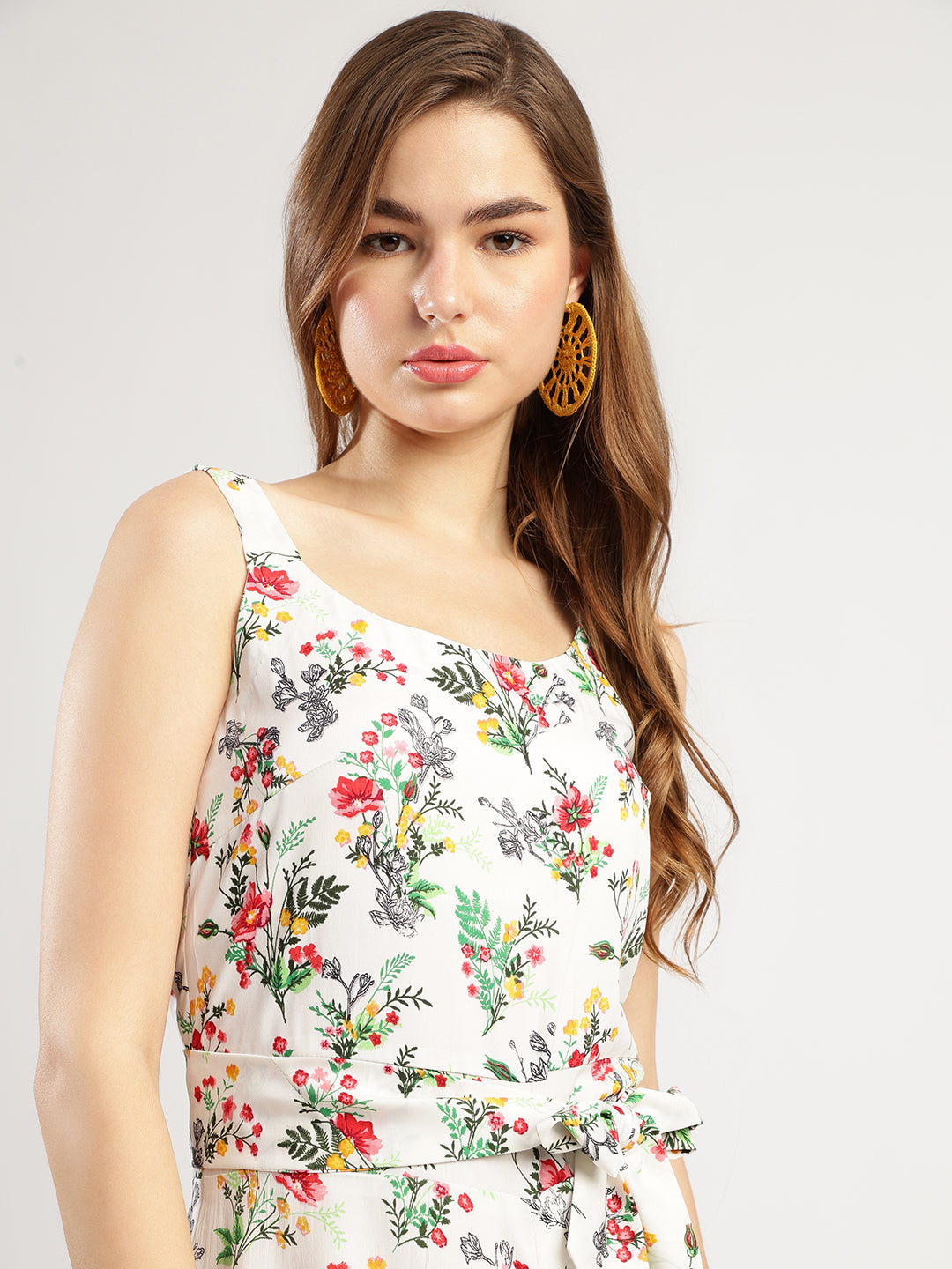 Women's Floral Print Sleeveless Jumpsuit with Belt, White