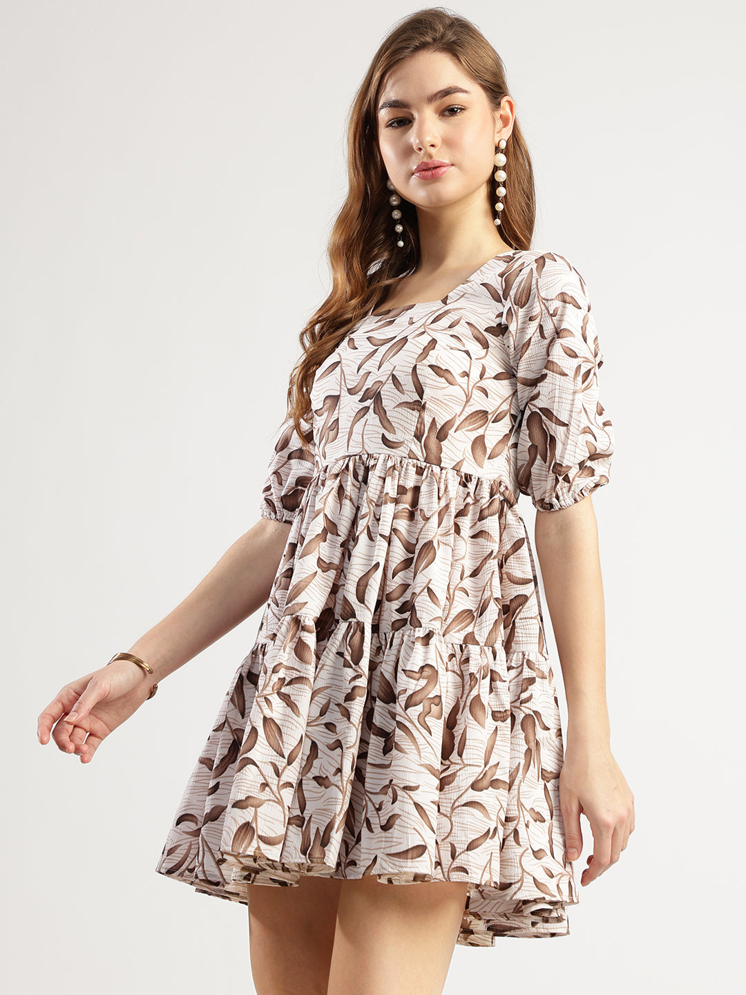 Women's Printed Half Sleeve Tiered Dress, Brown Leaf Pattern