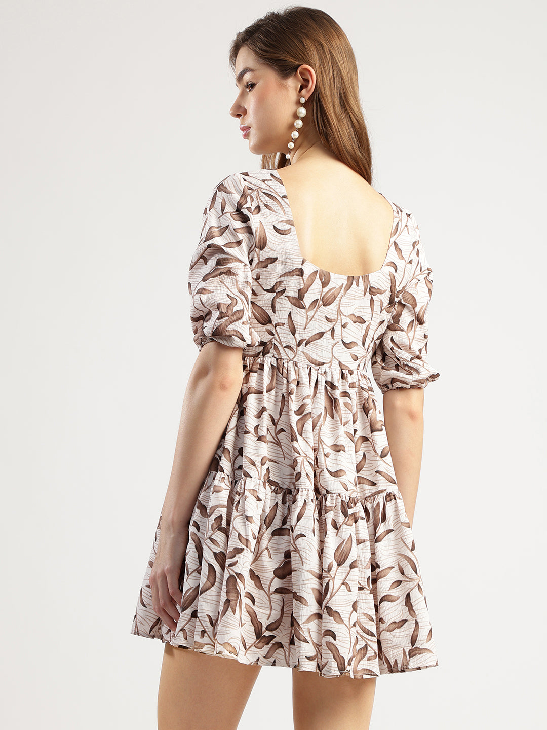Women's Printed Half Sleeve Tiered Dress, Brown Leaf Pattern