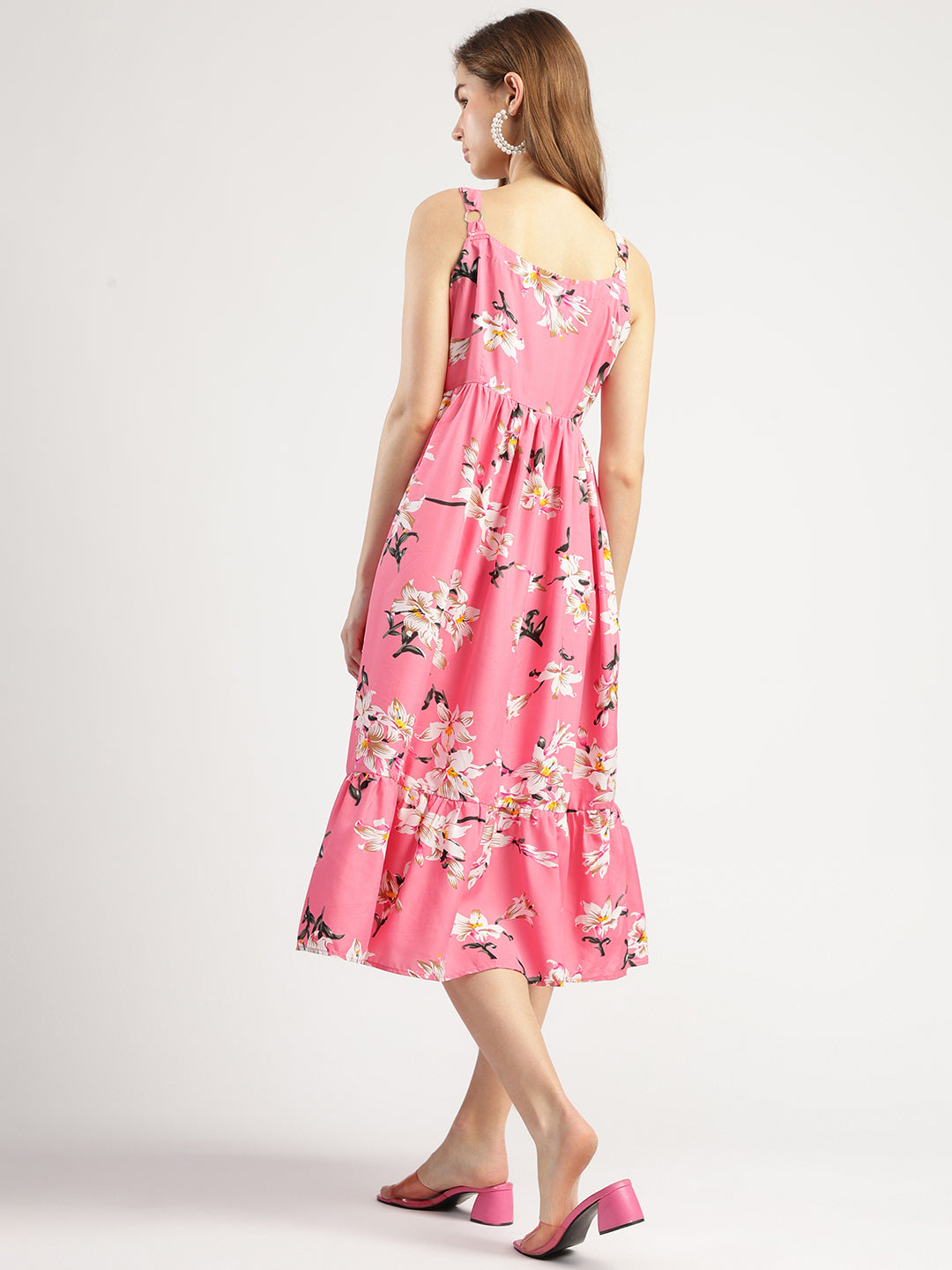 Women's Pink Floral Print Sleeveless Midi Dress with Ruffle Hem