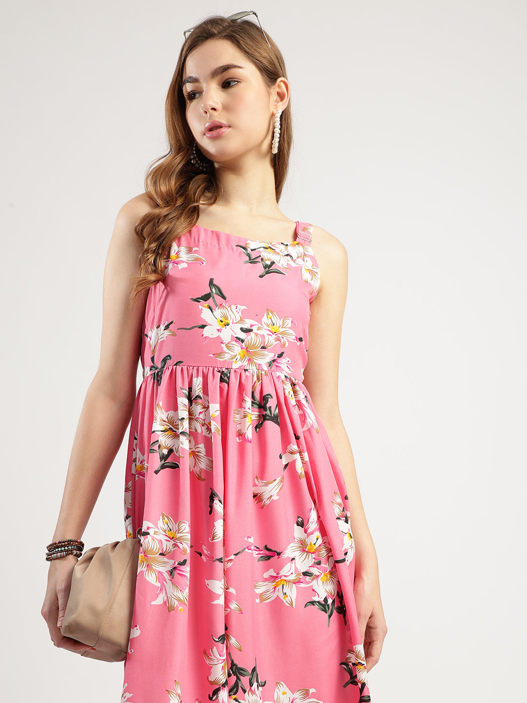 Women's Pink Floral Print Sleeveless Midi Dress with Ruffle Hem