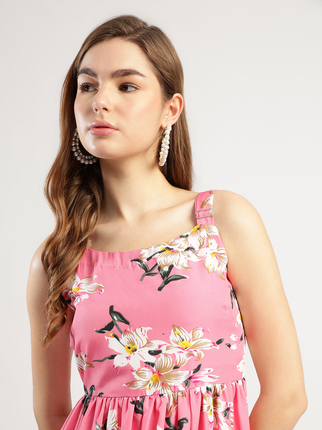 Women's Pink Floral Print Sleeveless Midi Dress with Ruffle Hem