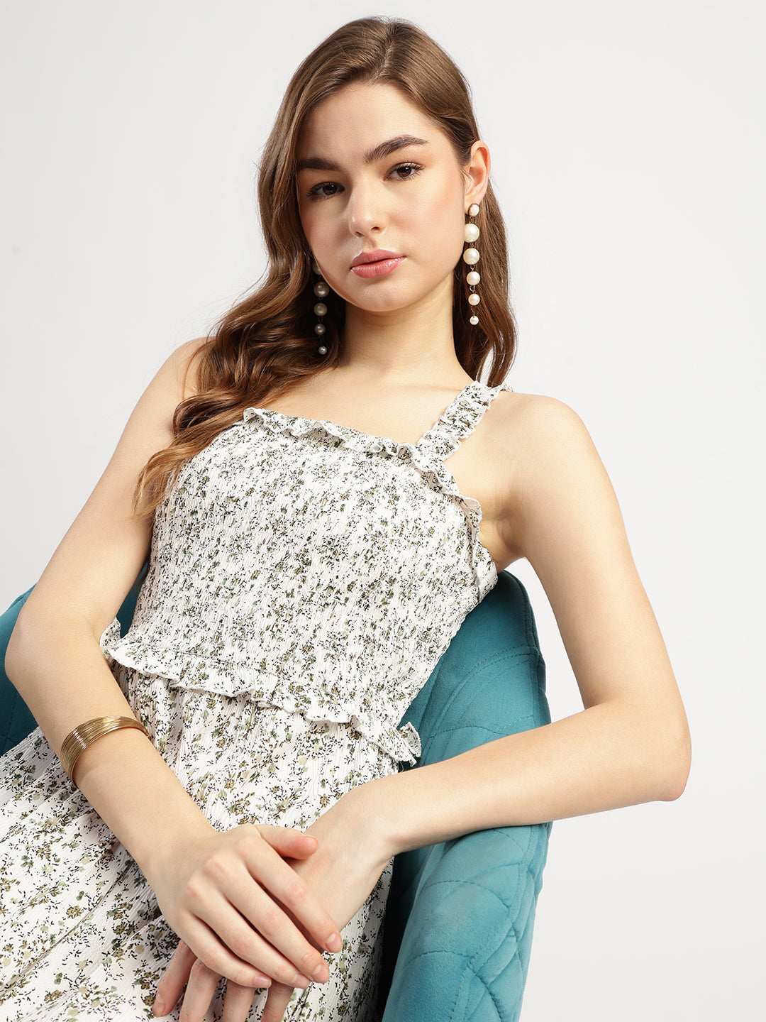 Floral Print with Smoking Sleeveless Dress for Women, Knee Length White Delta Print Dress