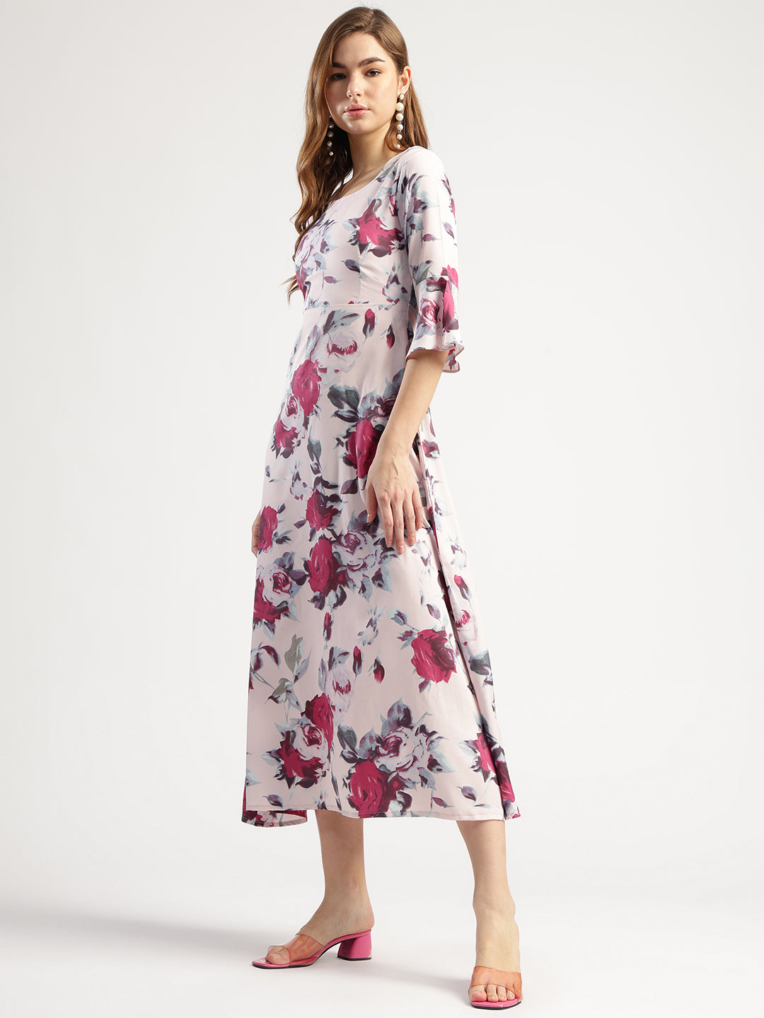 Women's Floral Print Midi Dress with Ruffled Sleeves, Rounk Neck