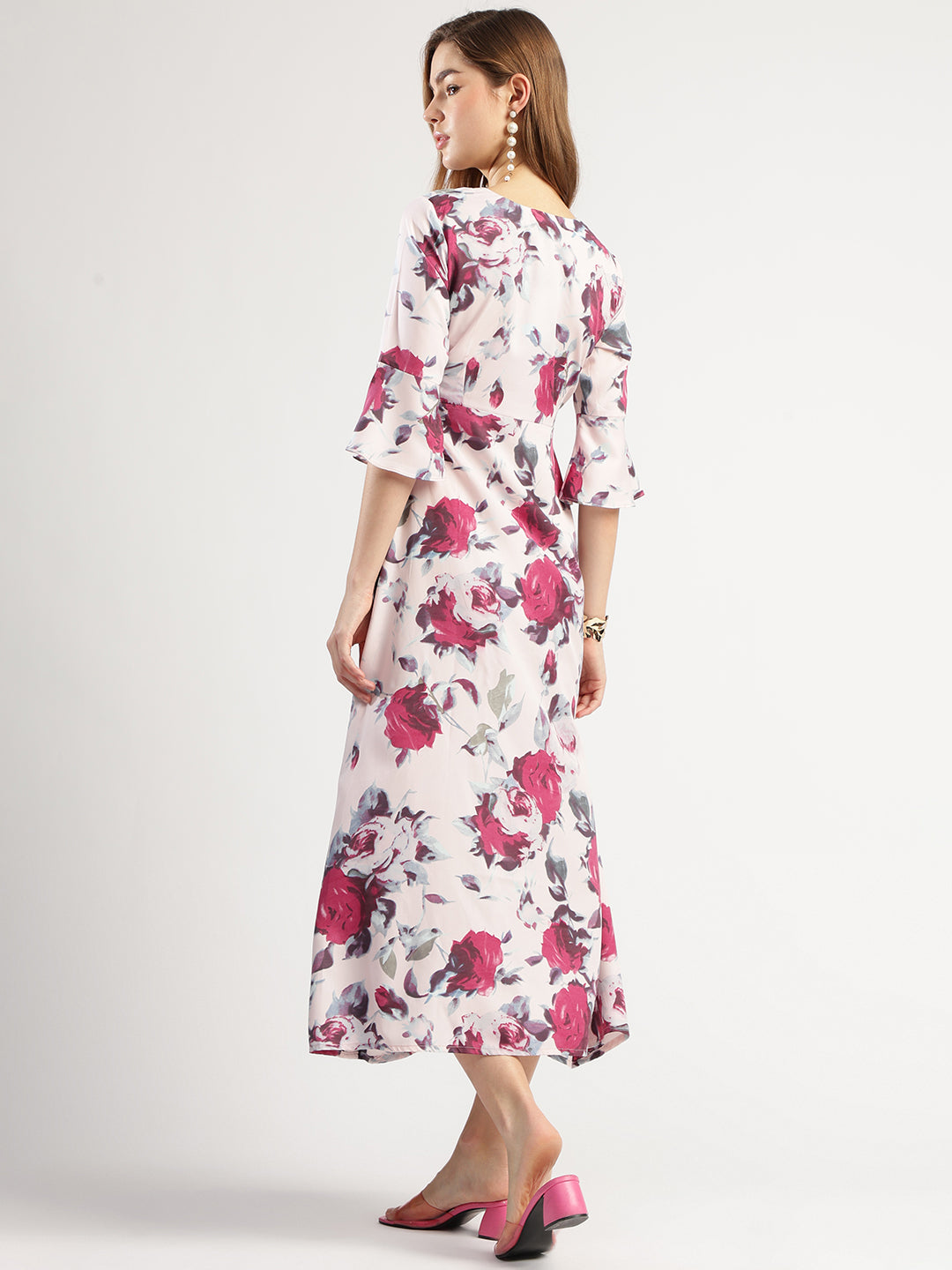 Women's Floral Print Midi Dress with Ruffled Sleeves, Rounk Neck