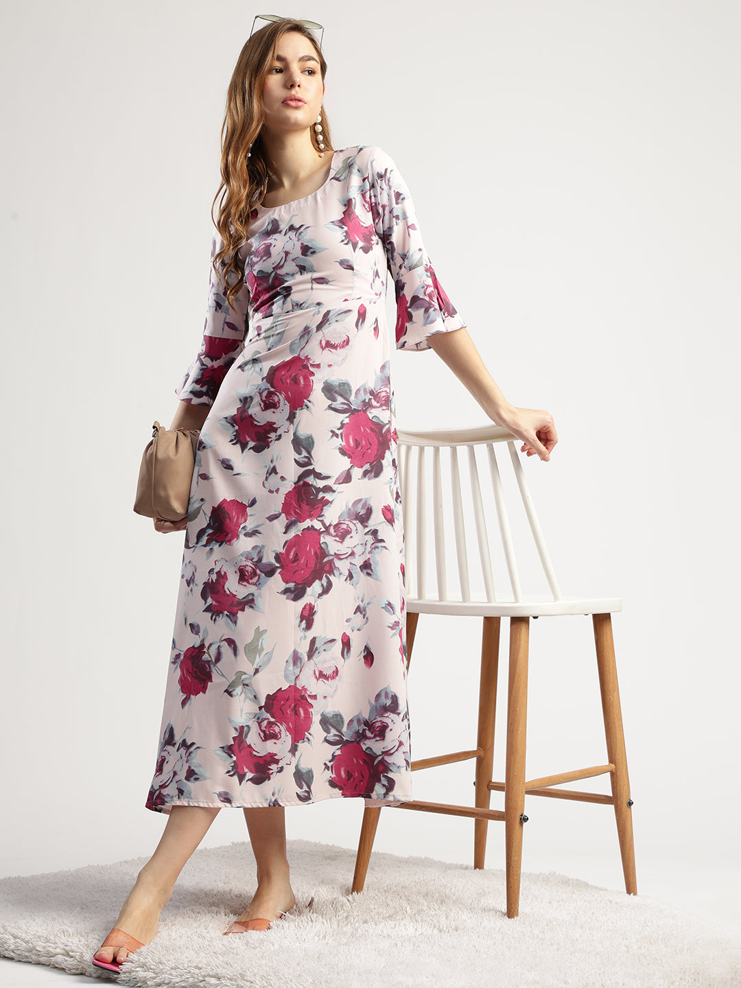 Women's Floral Print Midi Dress with Ruffled Sleeves, Rounk Neck