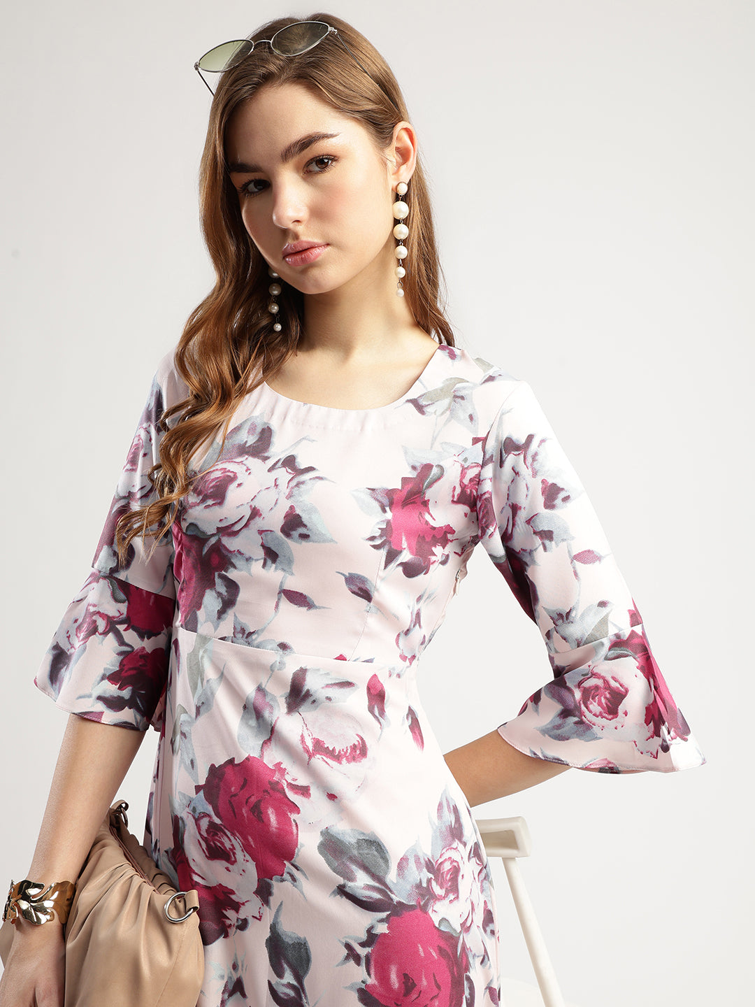 Women's Floral Print Midi Dress with Ruffled Sleeves, Rounk Neck