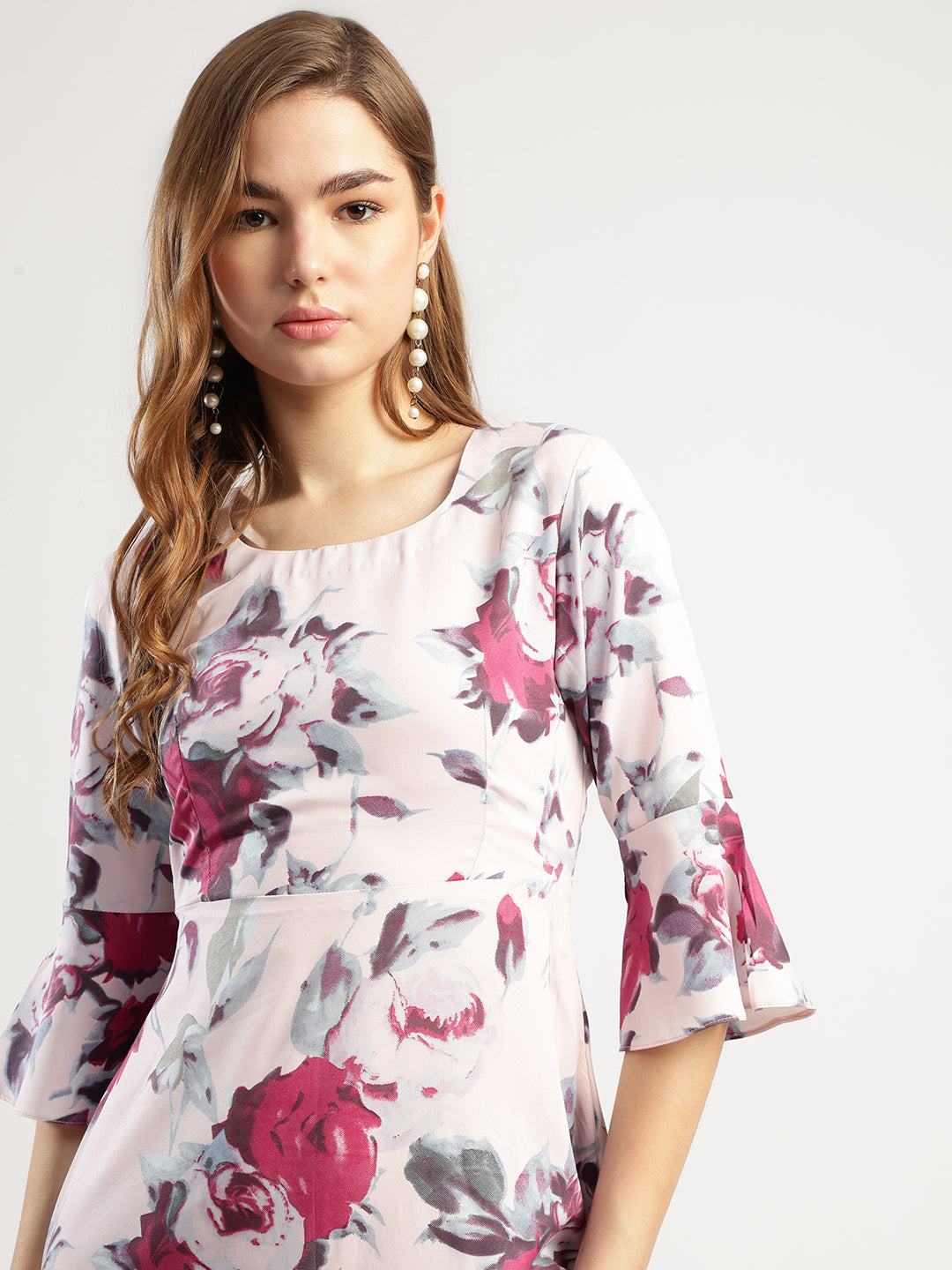Women's Floral Print Midi Dress with Ruffled Sleeves, Rounk Neck