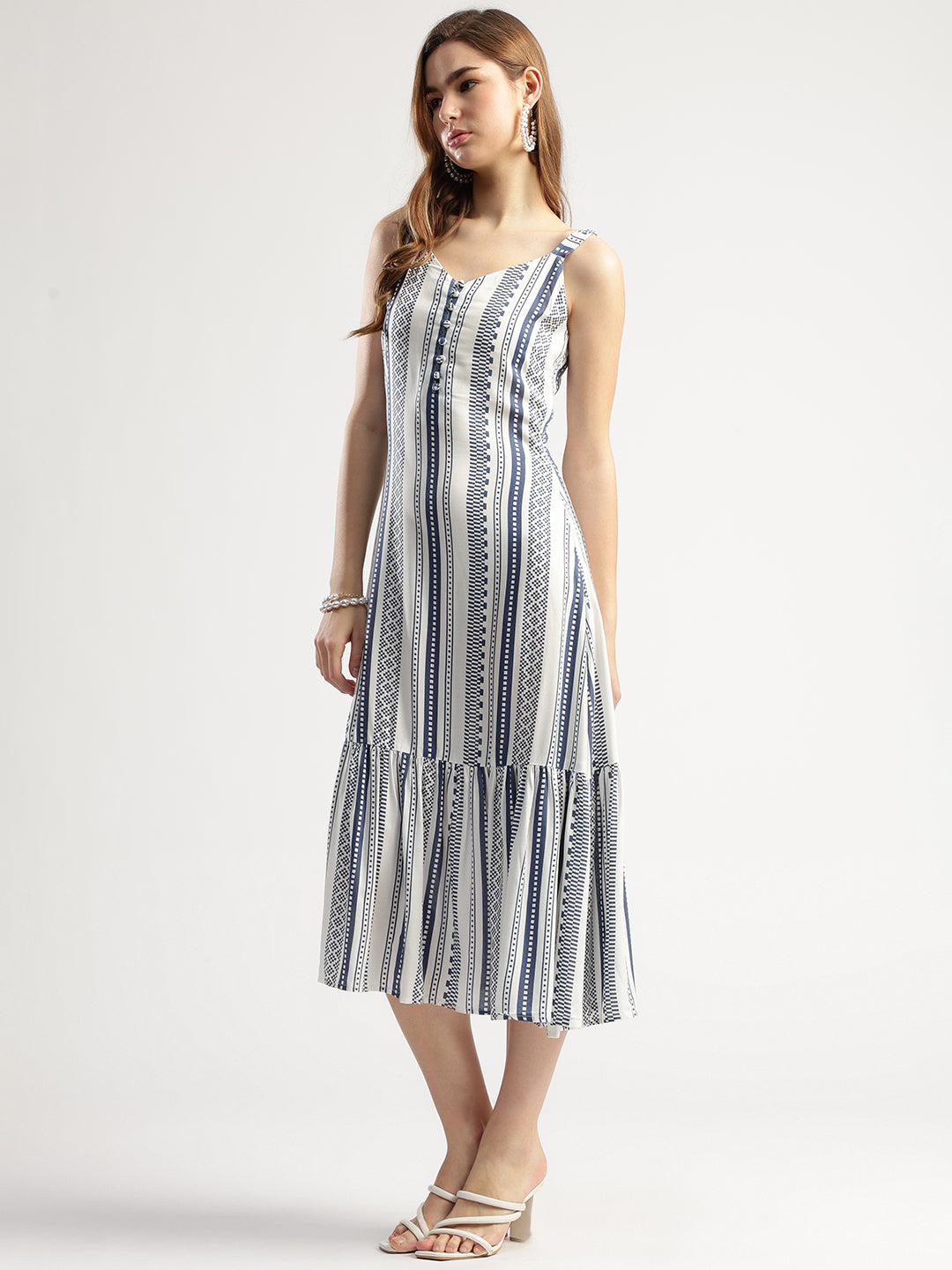 Women's Navy Blue and White Printed Sleeveless Cotton Midi Dress