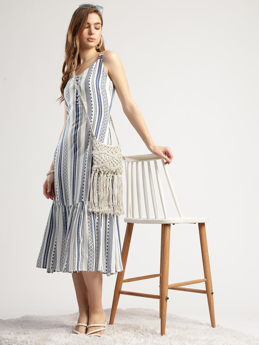 Women's Navy Blue and White Printed Sleeveless Cotton Midi Dress