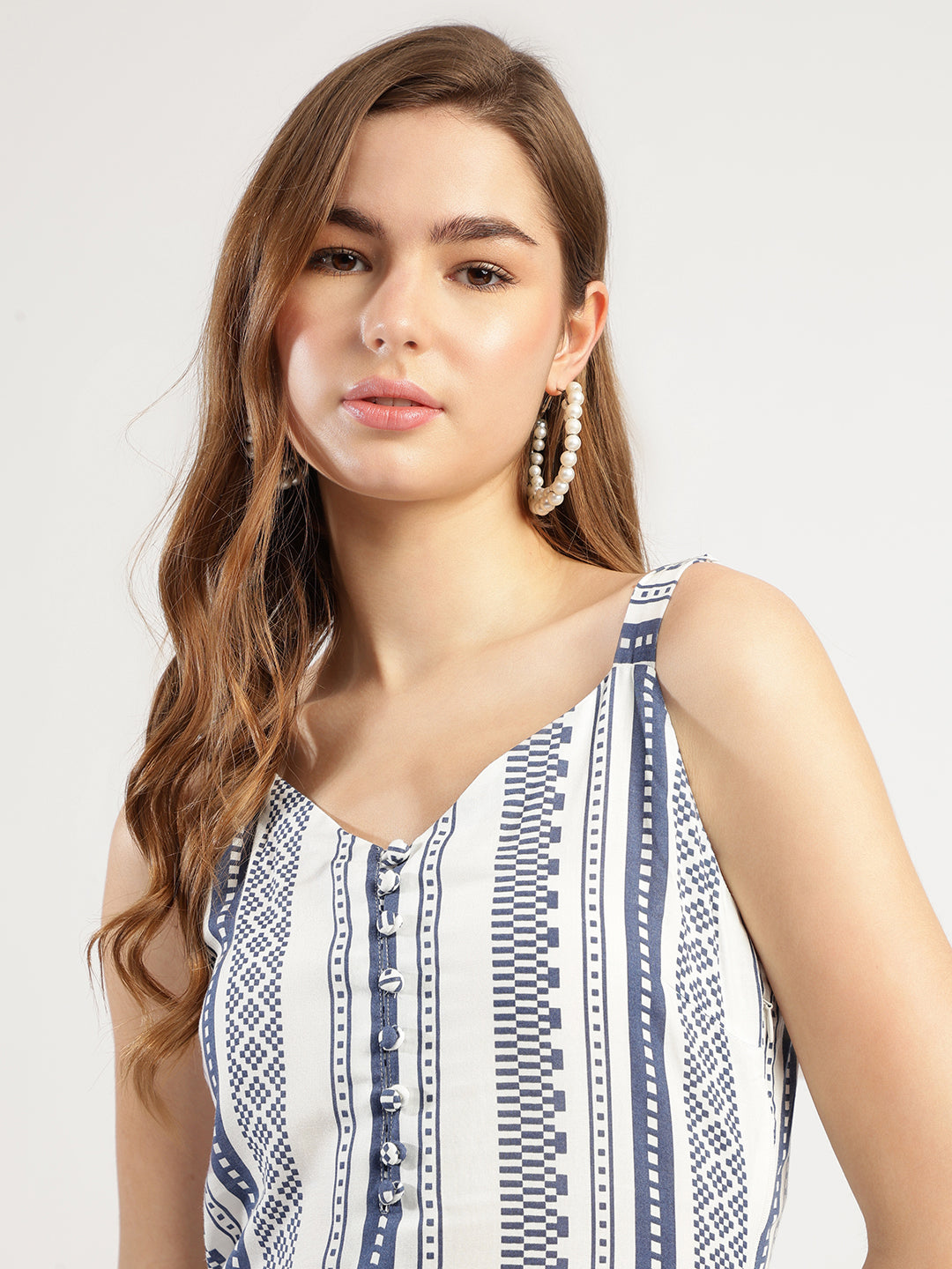 Women's Navy Blue and White Printed Sleeveless Cotton Midi Dress