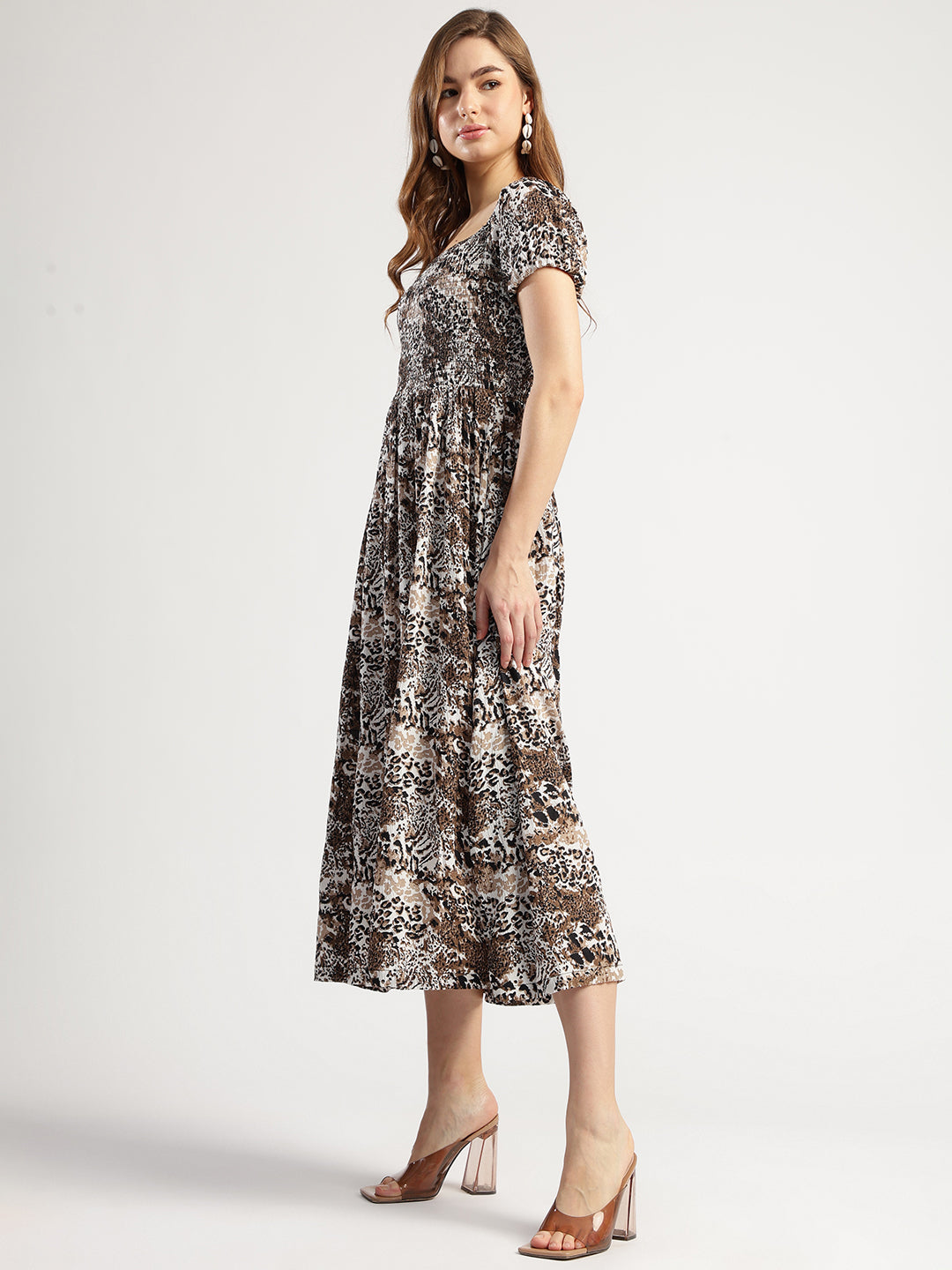Women's Floral Print Midi Dress with Short Sleeves, Smoked Dress with Tiger Print