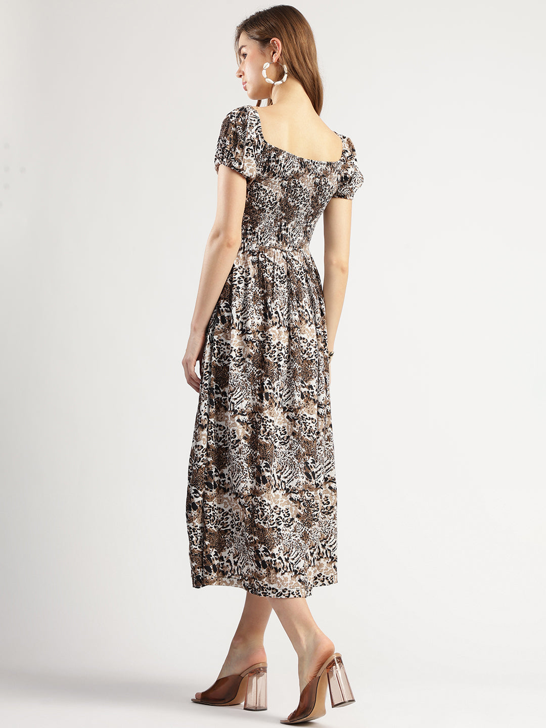 Women's Floral Print Midi Dress with Short Sleeves, Smoked Dress with Tiger Print