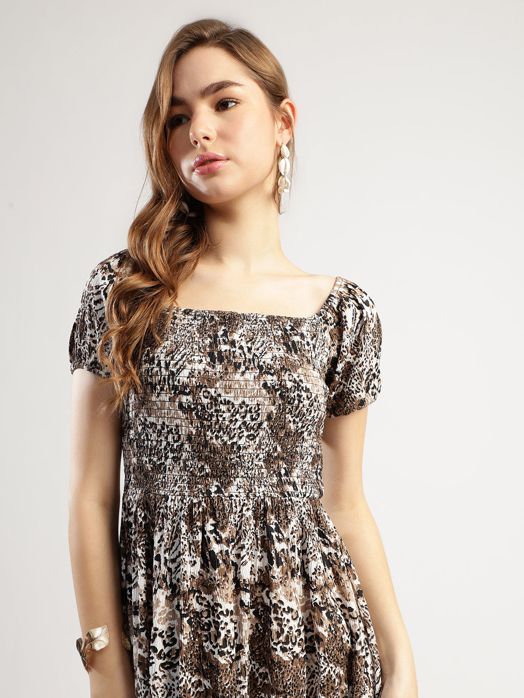 Women's Floral Print Midi Dress with Short Sleeves, Smoked Dress with Tiger Print