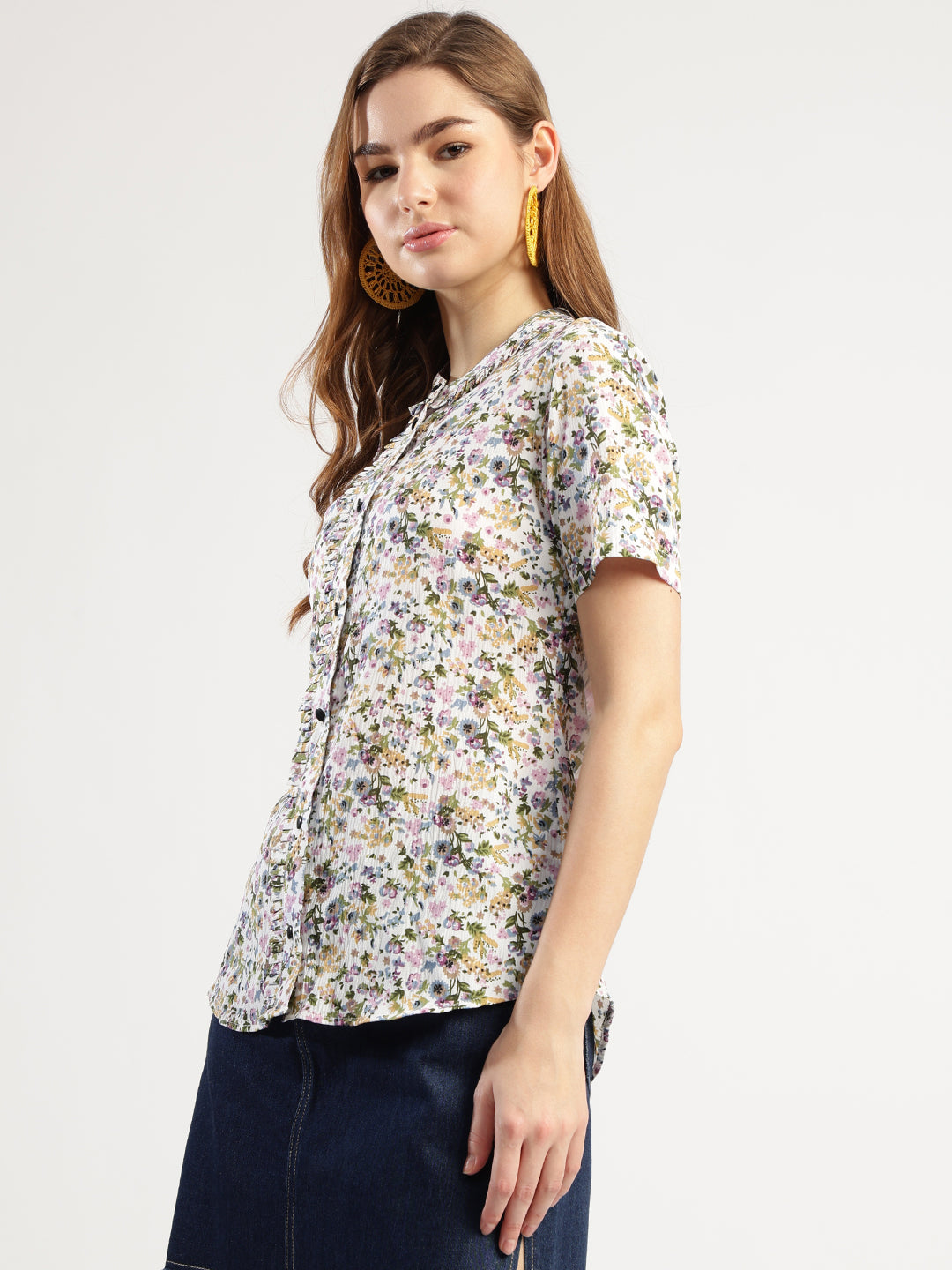 Women's Button Down Shirt, Short Sleeve, Round Neck, Multicolour