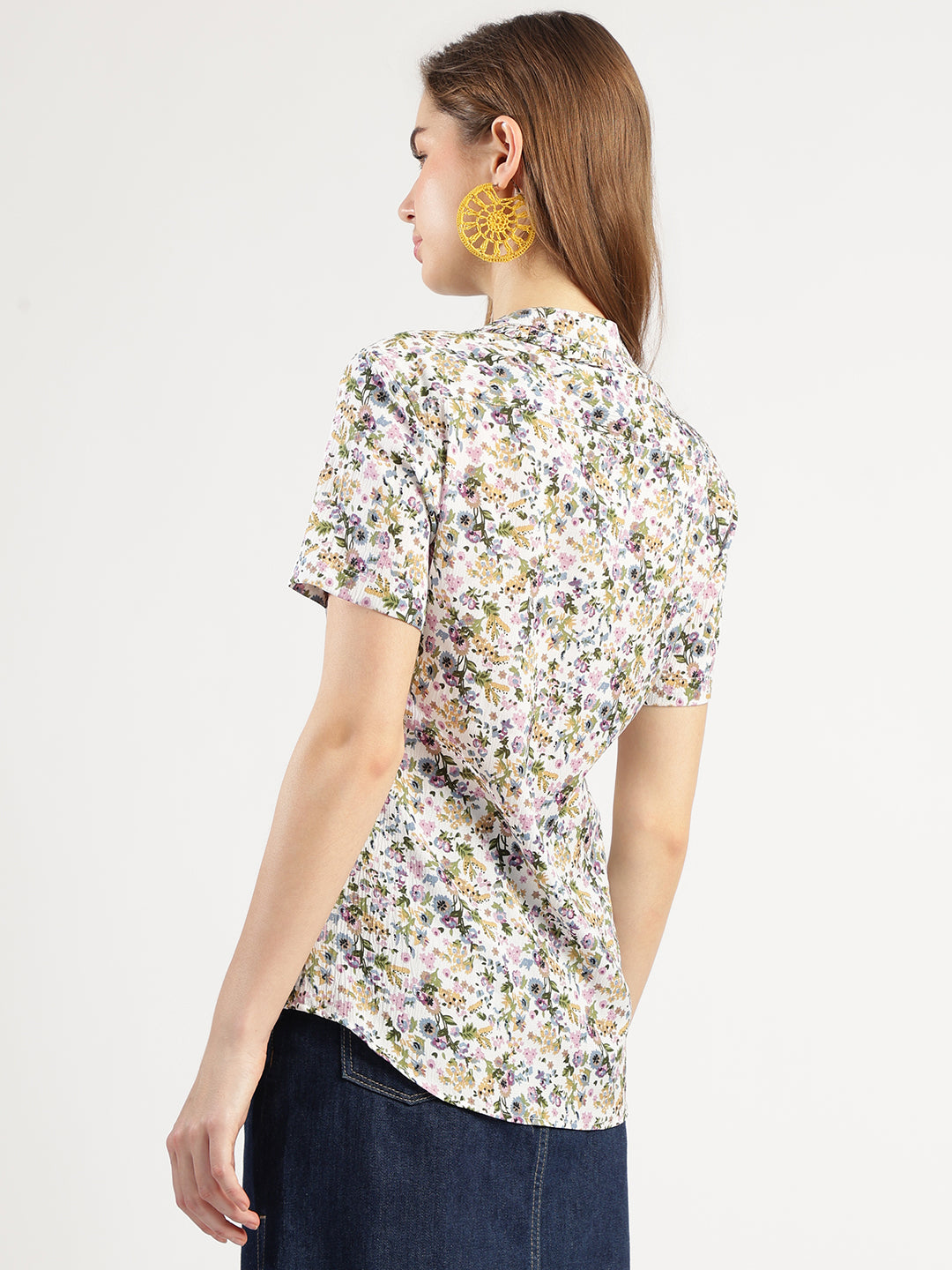 Women's Button Down Shirt, Short Sleeve, Round Neck, Multicolour