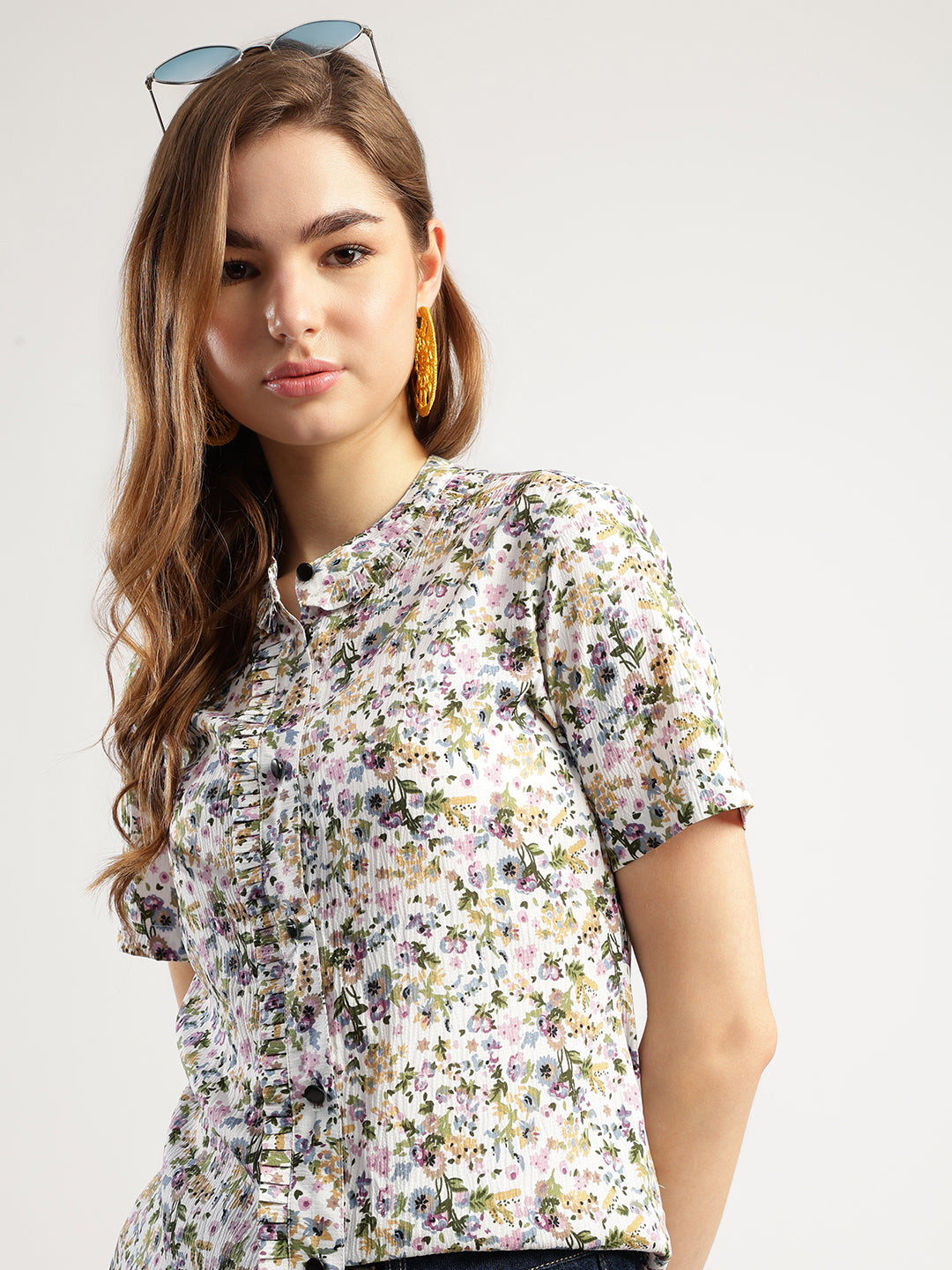 Women's Button Down Shirt, Short Sleeve, Round Neck, Multicolour