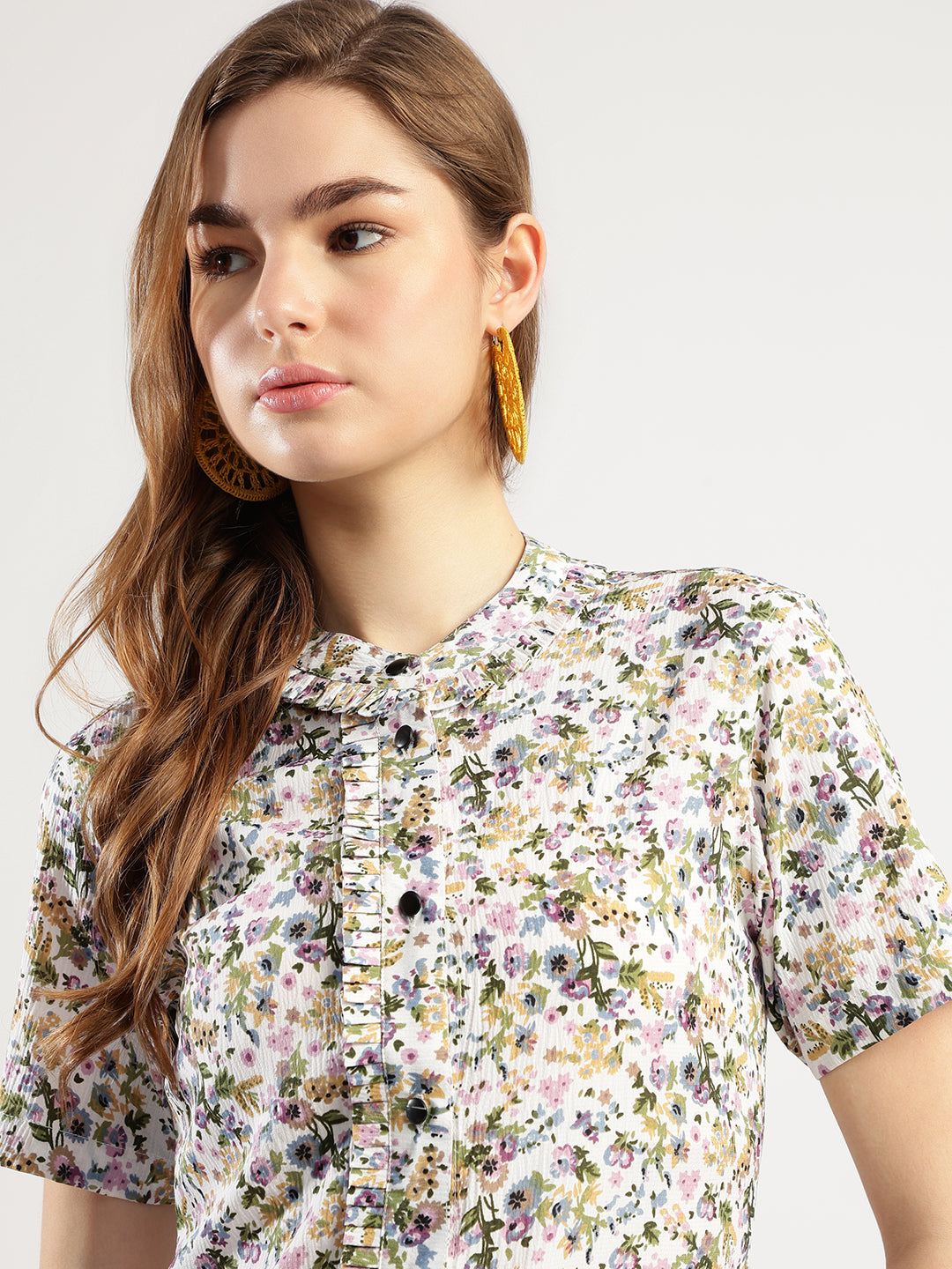 Women's Button Down Shirt, Short Sleeve, Round Neck, Multicolour
