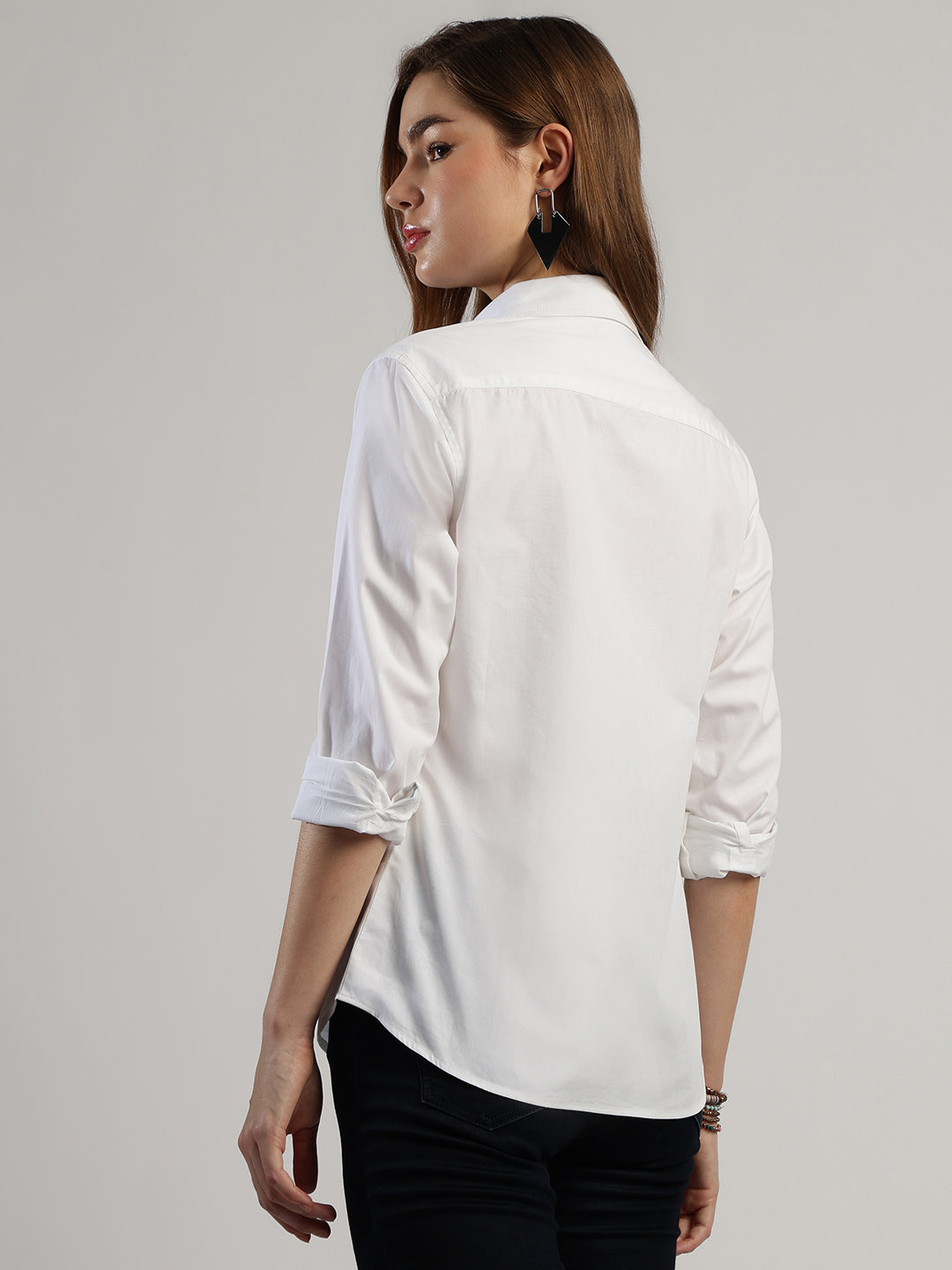 Women's White Button Down Shirt, Long Sleeve, Round Neck