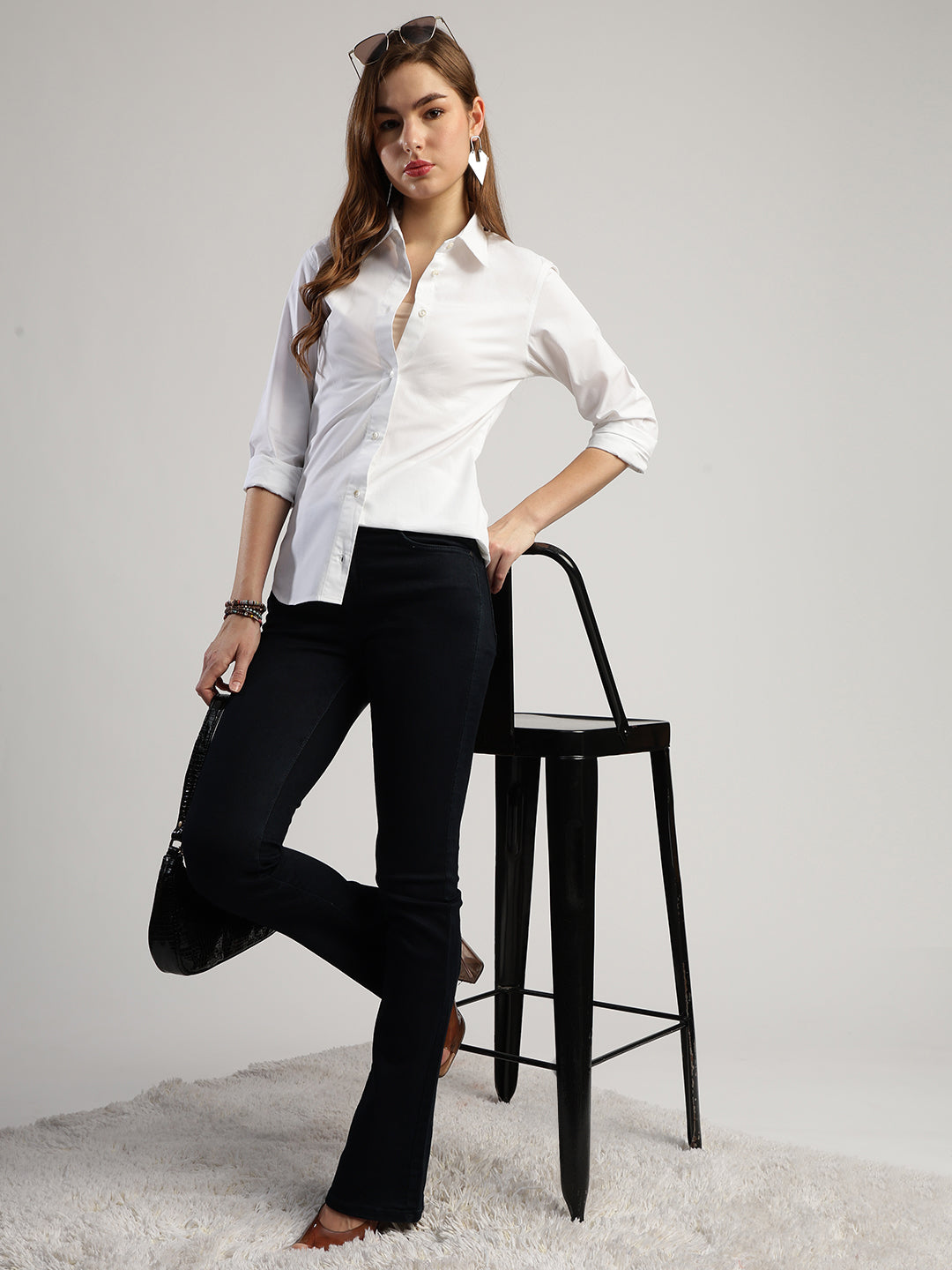 Women's White Button Down Shirt, Long Sleeve, Round Neck
