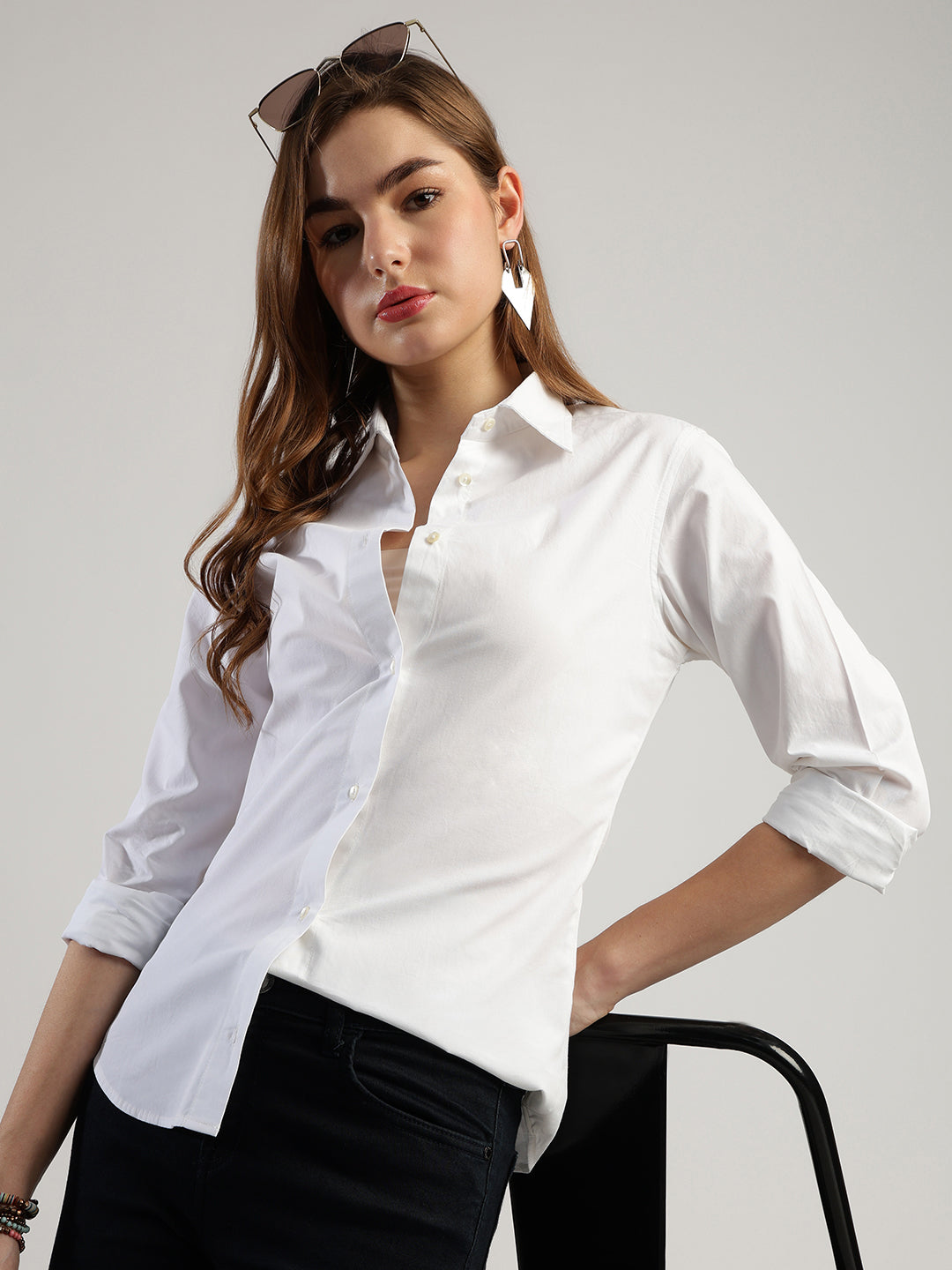 Women's White Button Down Shirt, Long Sleeve, Round Neck