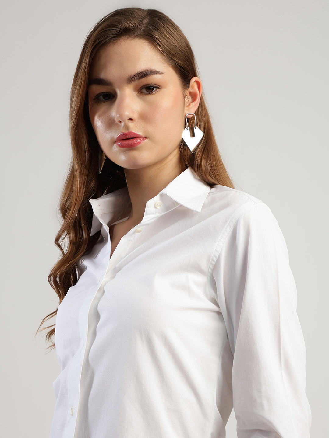 Women's White Button Down Shirt, Long Sleeve, Round Neck