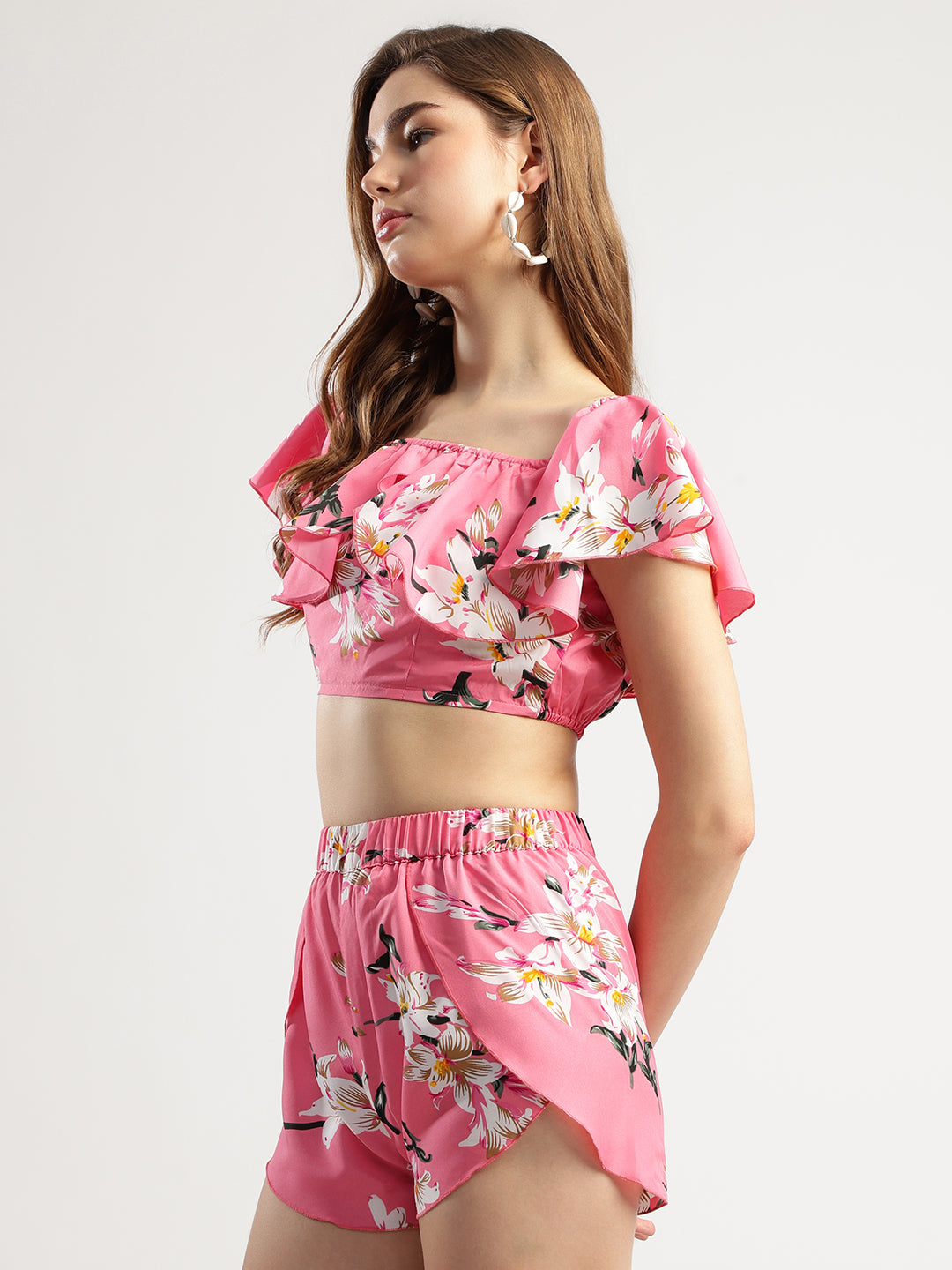 Women's Pink Floral Crop Top and Shorts Set